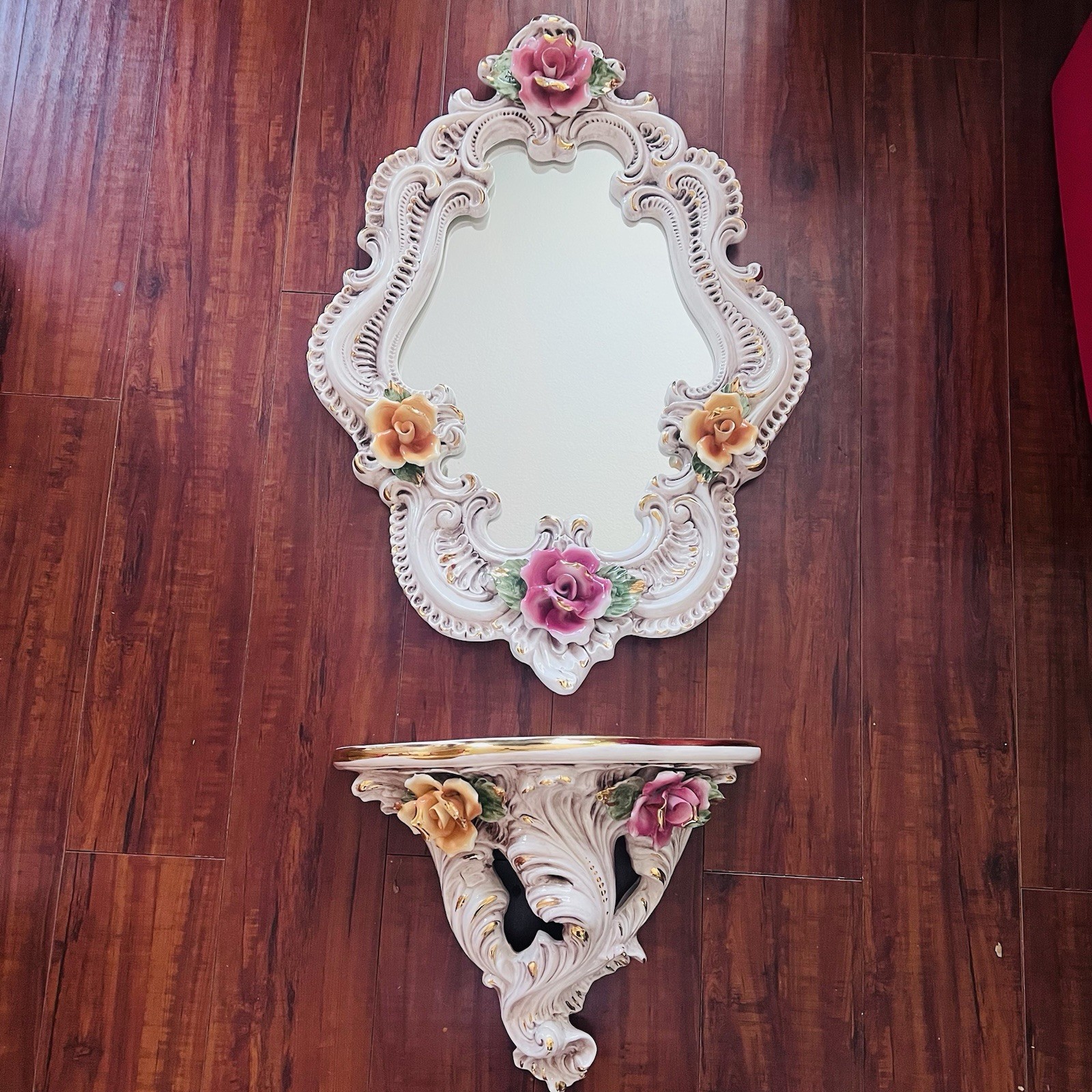 VTG Italian Capodimonte Style Ceramic Mirror & Shelf Set Rococo Decor Gold Trim