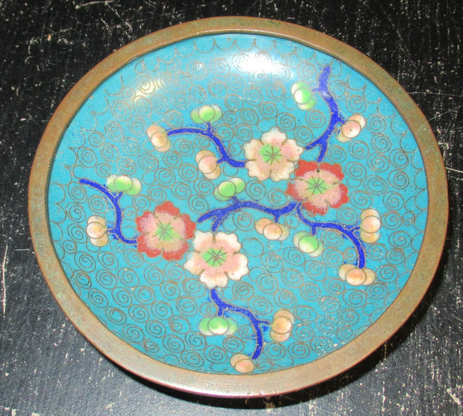 OLD CLOISONNE TURQUOISE ENAMEL 3″3/4 IN DIAMETER PLATE
