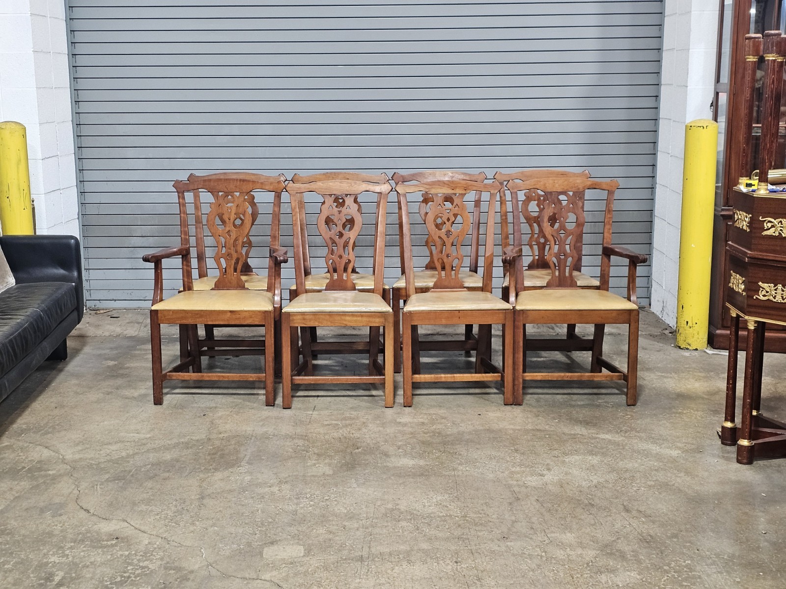 Set of 8 Stickley Chippendale Solid Cherry Dining Chairs Leather Seats Made USA