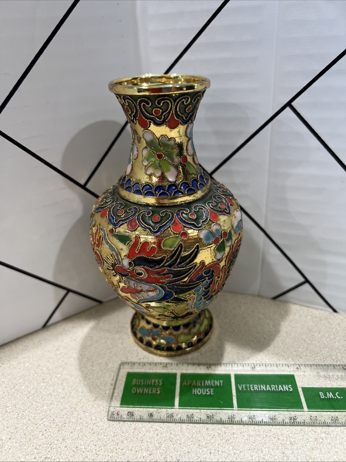 Vintage Chinese Cloisonné Dragon vase 6 inches tall Colorful Gold Enamel