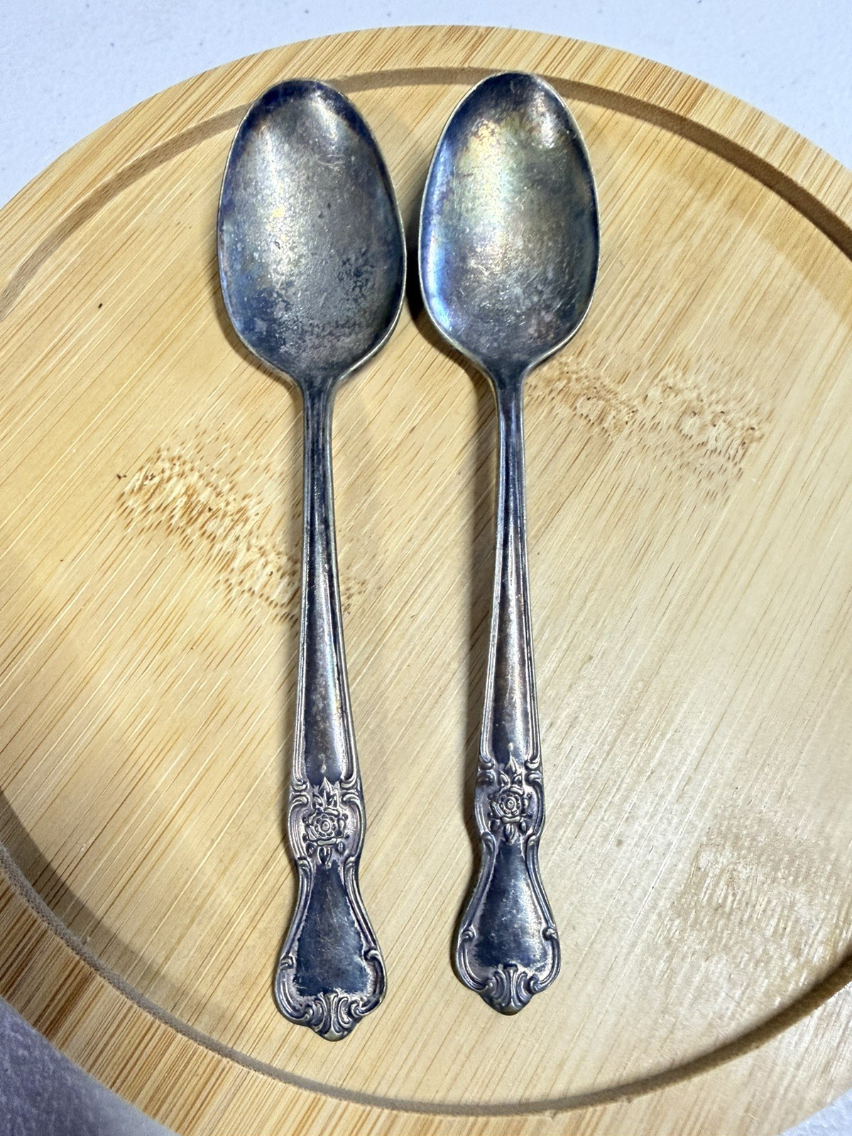 Set of 2 Vintage Rare Silver Old Company Plate Signature Rose Teaspoons