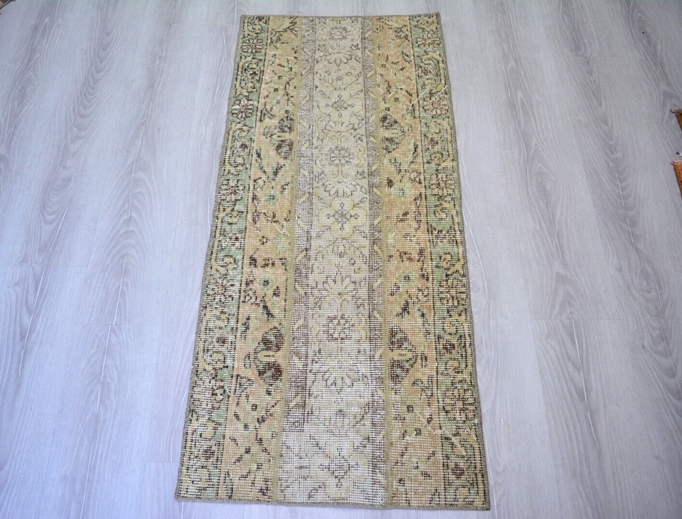 Beige Antique Handmade Runner, 1.9×4.3ft, Turkish Floral Rug, Vintage Entry Rug