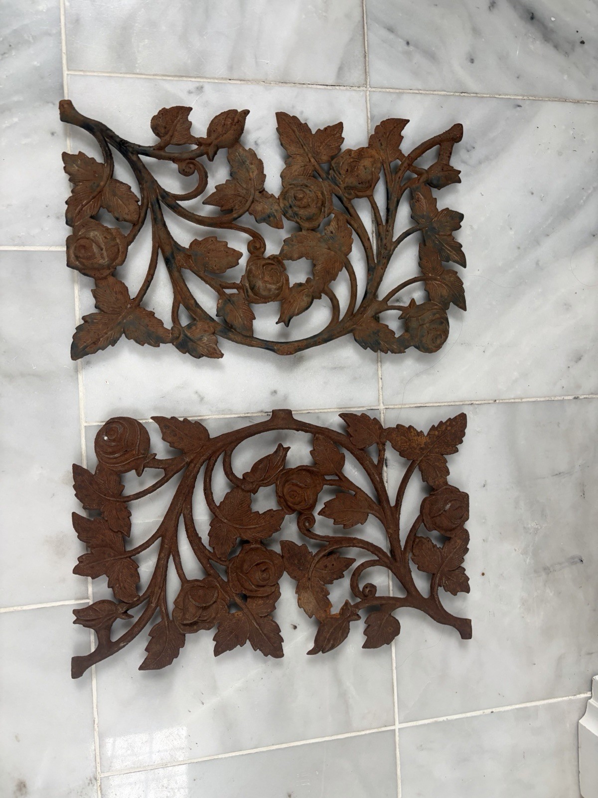 Antique Cast Iron Rose & Vine Architectural Salvage Fence Panels Pair