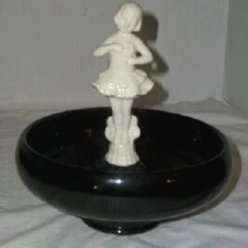 Art Deco Figural Girl Planter Cottagecore Flower Frog Bowl Black Glass Pottery