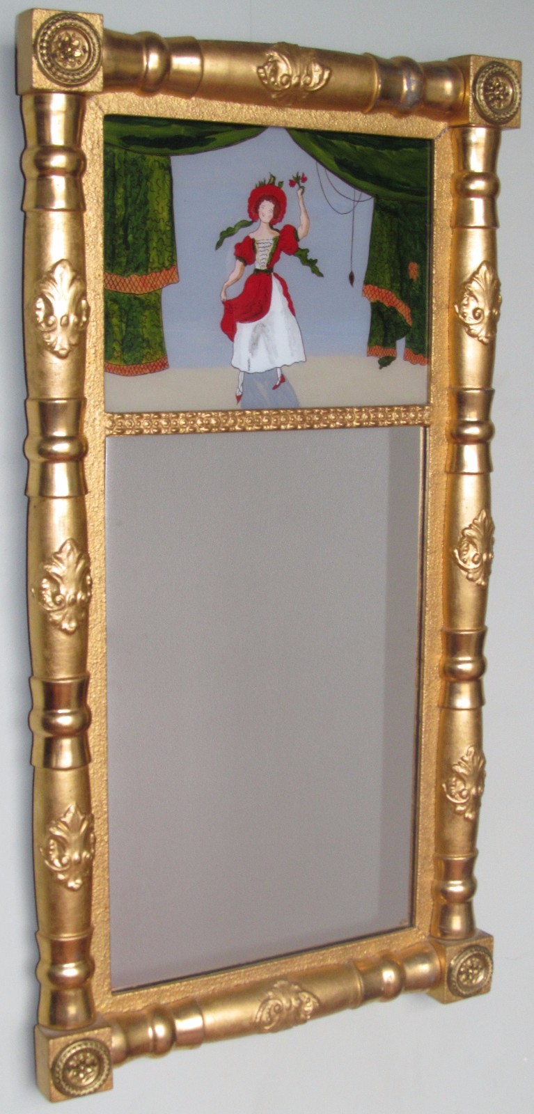 ANTIQUE SHERATON PERIOD REVERSE GLASS PAINTED MIRROR IN GOLD GILDED FRAME