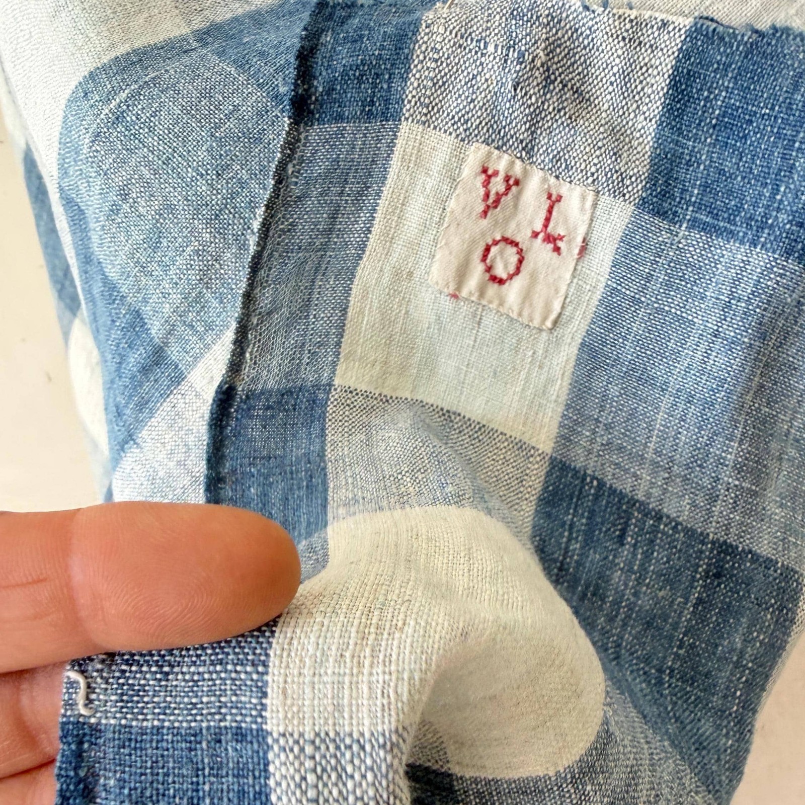 73×48 c1780 Antique French Linen Vichy Mattress Cover Blue White Check Primitiv
