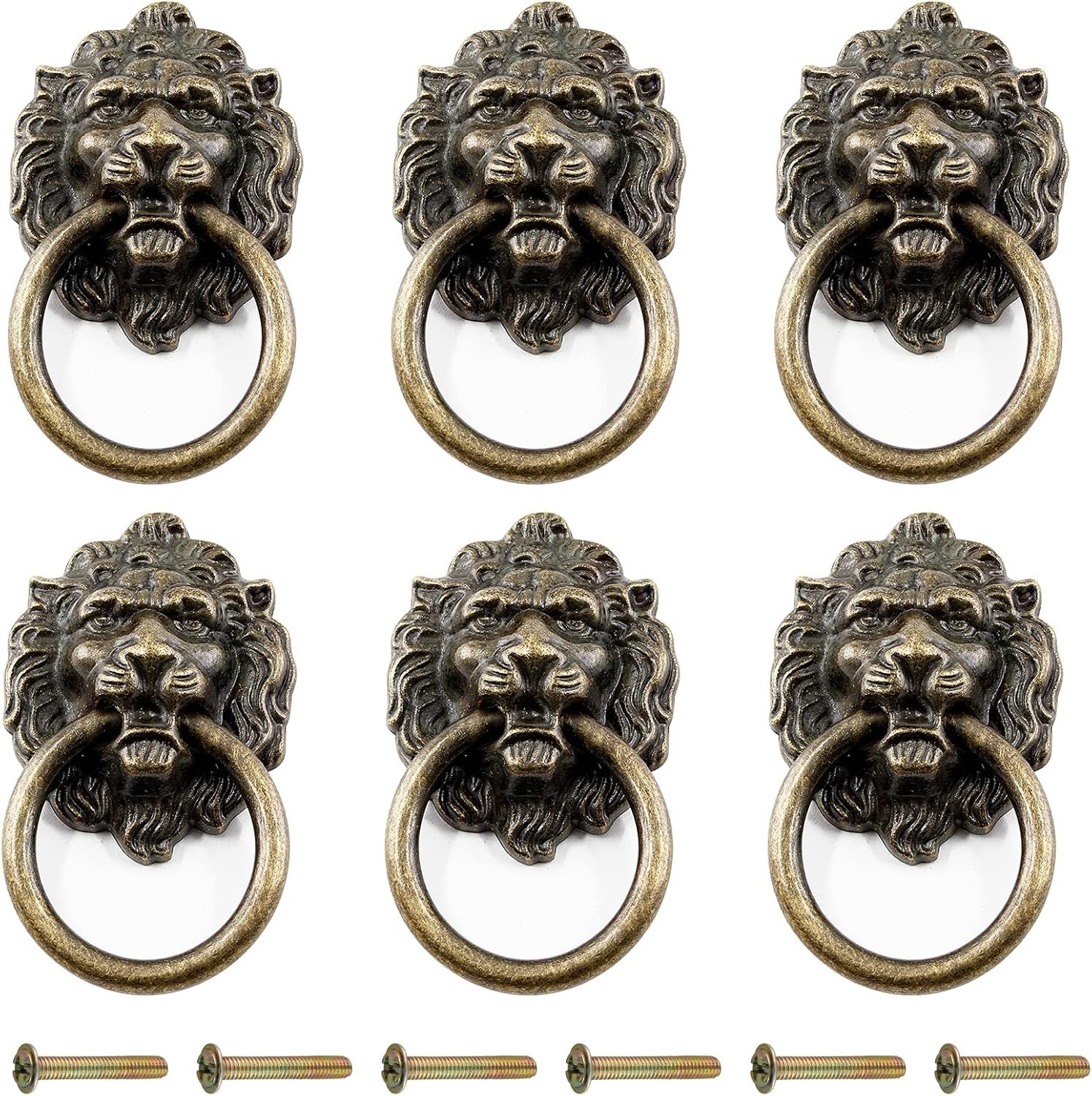 6 Pcs Lion Head Knobs Pull, Antique Bronze Ring Handles for Dresser Drawers