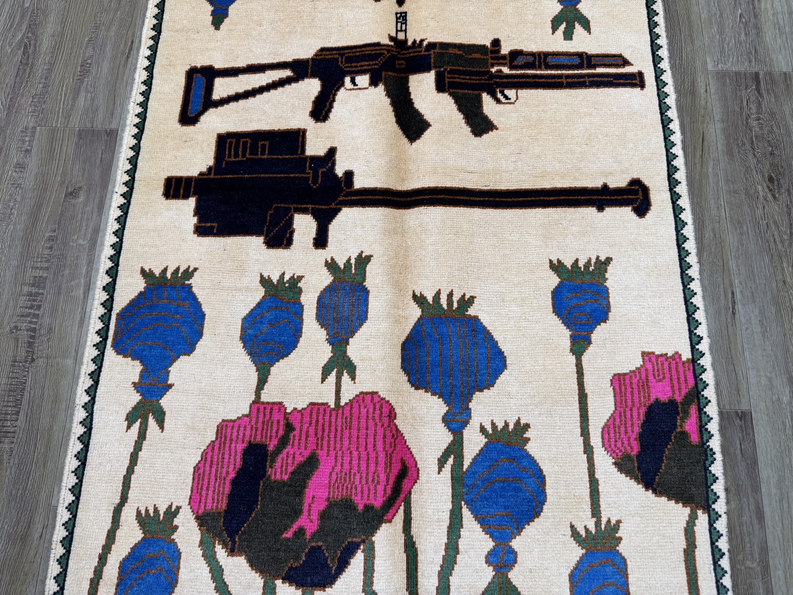 Handmade Opium, Helicopter,AK 47 Pattern Afghanistan Turkman War Soviet Carpet