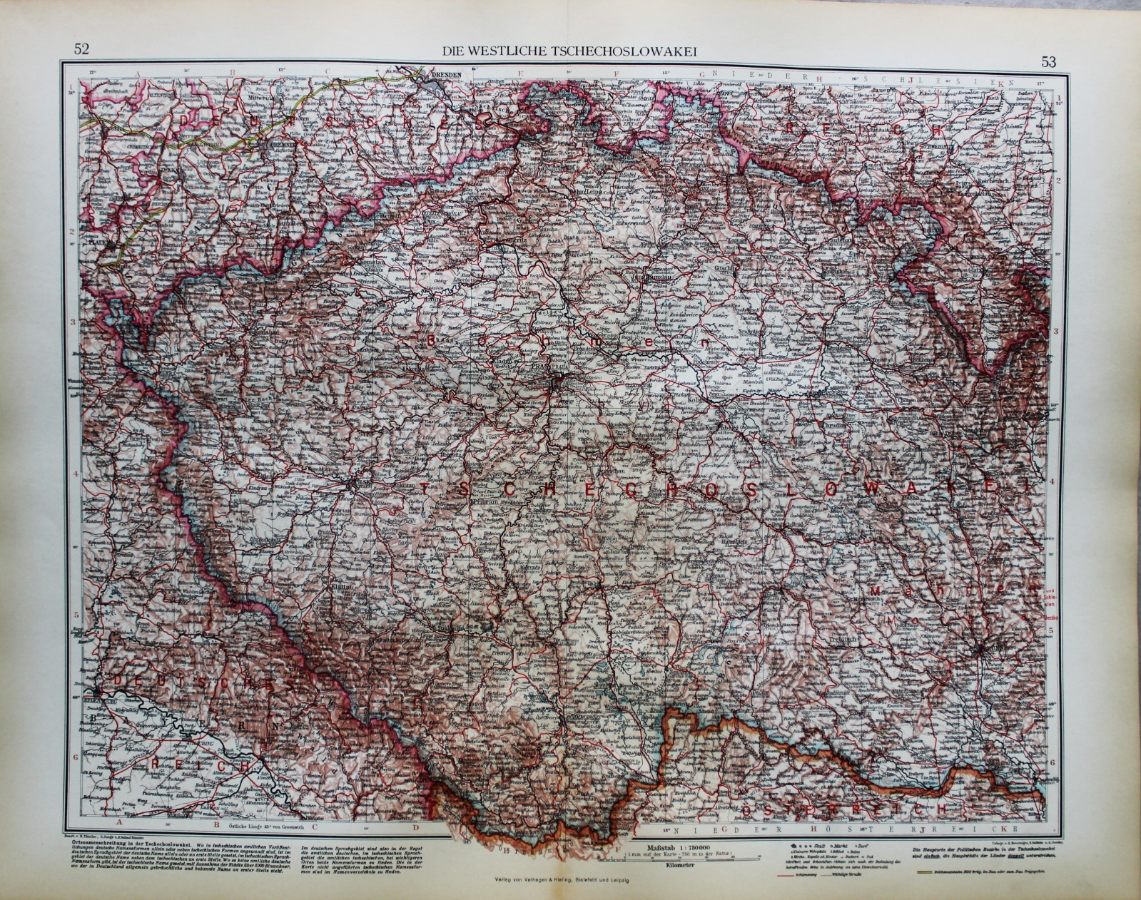 ANDREES HAND ATLAS MAP PLATE PAGE NO.52-53 WESTERN CZECHOSLOVAKIA 1937 VINTAGE