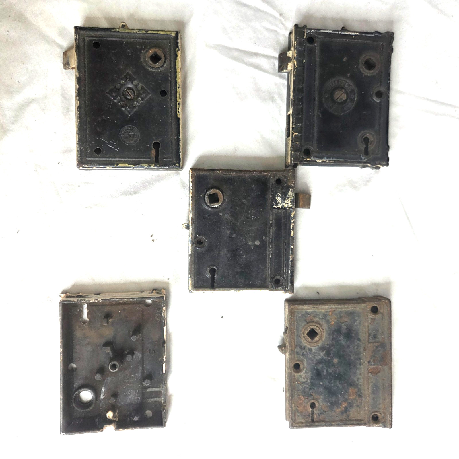 LOT OF 5 Antique Door LockS PICS OF BOTH SIDES ON EACH ONE PARTS REPAIR DISPLAY