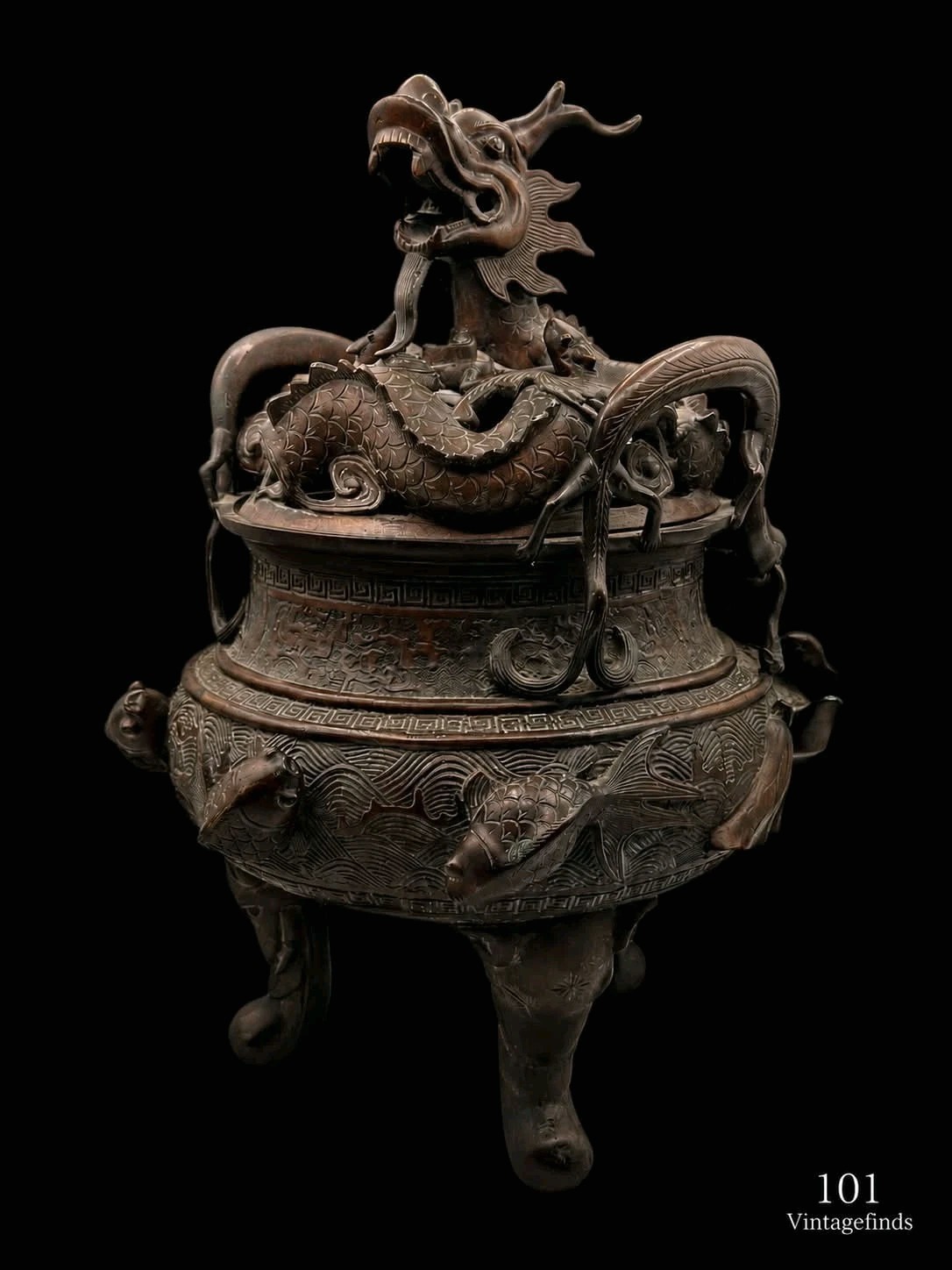 Large Chinese Bronze Dragon Tripod Censer Incense Burner Openwork Lid Fish Birds