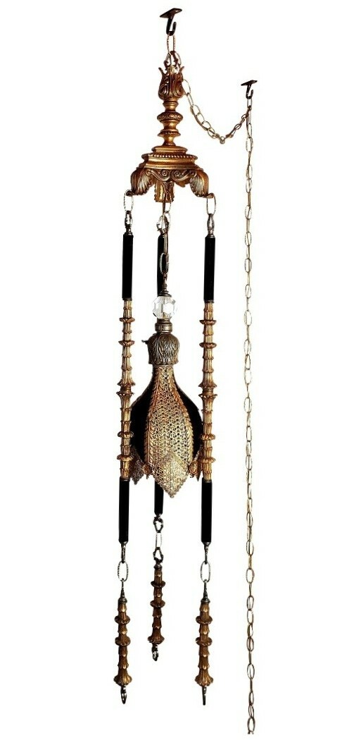 Antique 5′ Hollywood Regency 2 Way Staircase Swag Lamp Gold Leaf Filigree Velvet