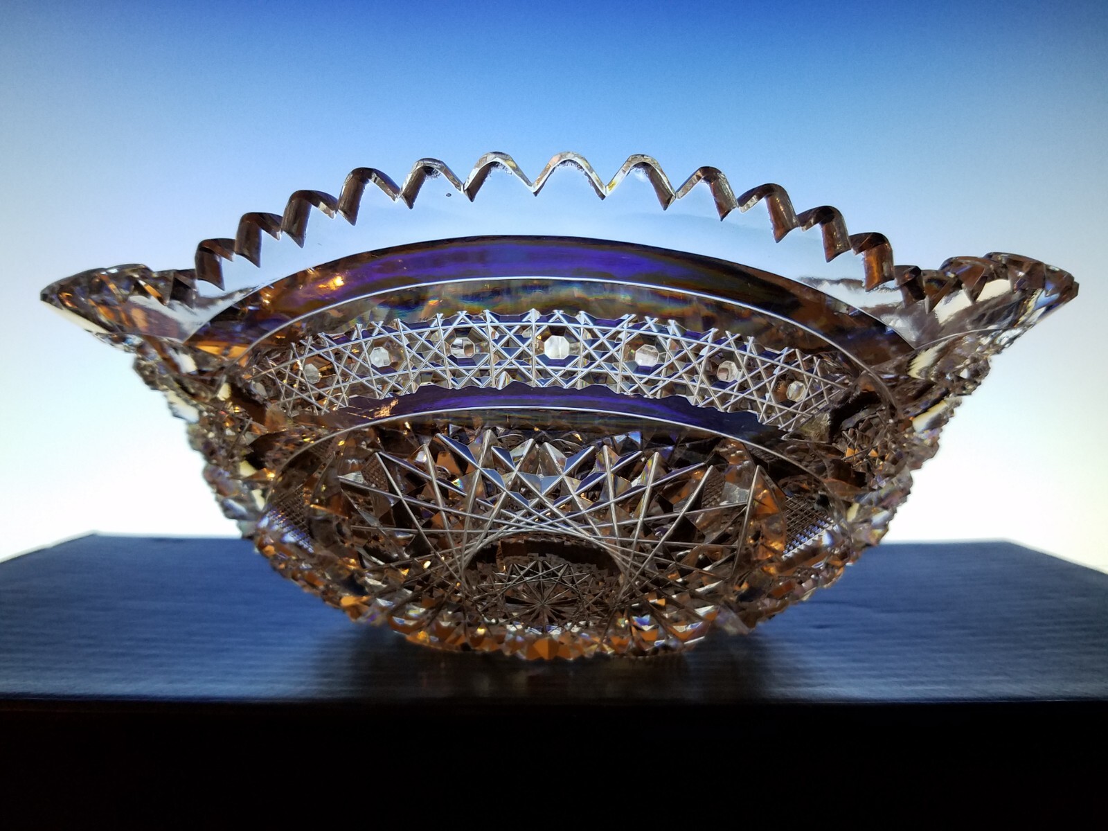 American Brilliant Period Tab Handle 3 Sided Bowl Extreme Deep Cuts 9×4