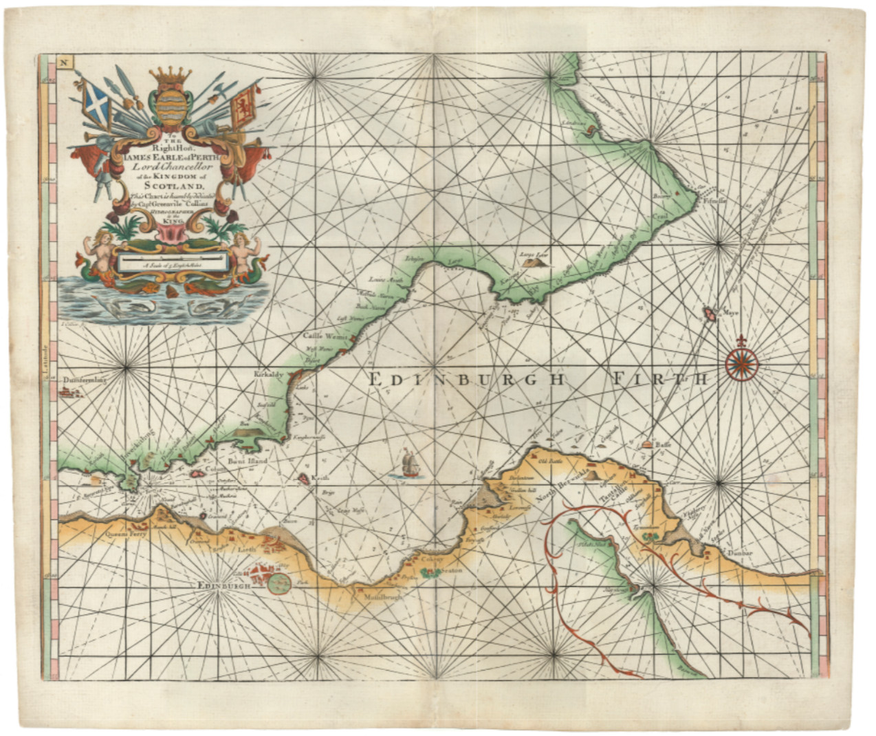 c. 1693 Collins Nautical Map or Chart – the Firth of Forth, w/ Plan of Edinburgh