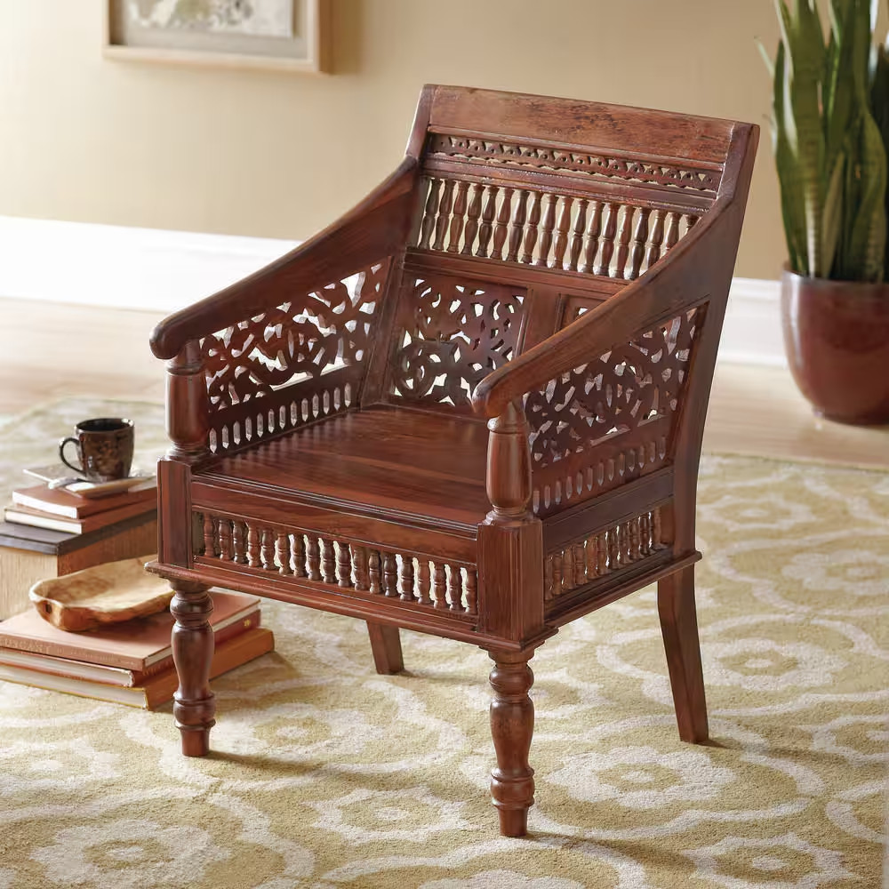 Maharaja Walnut Brown Wood Hand-Carved Arm Chair