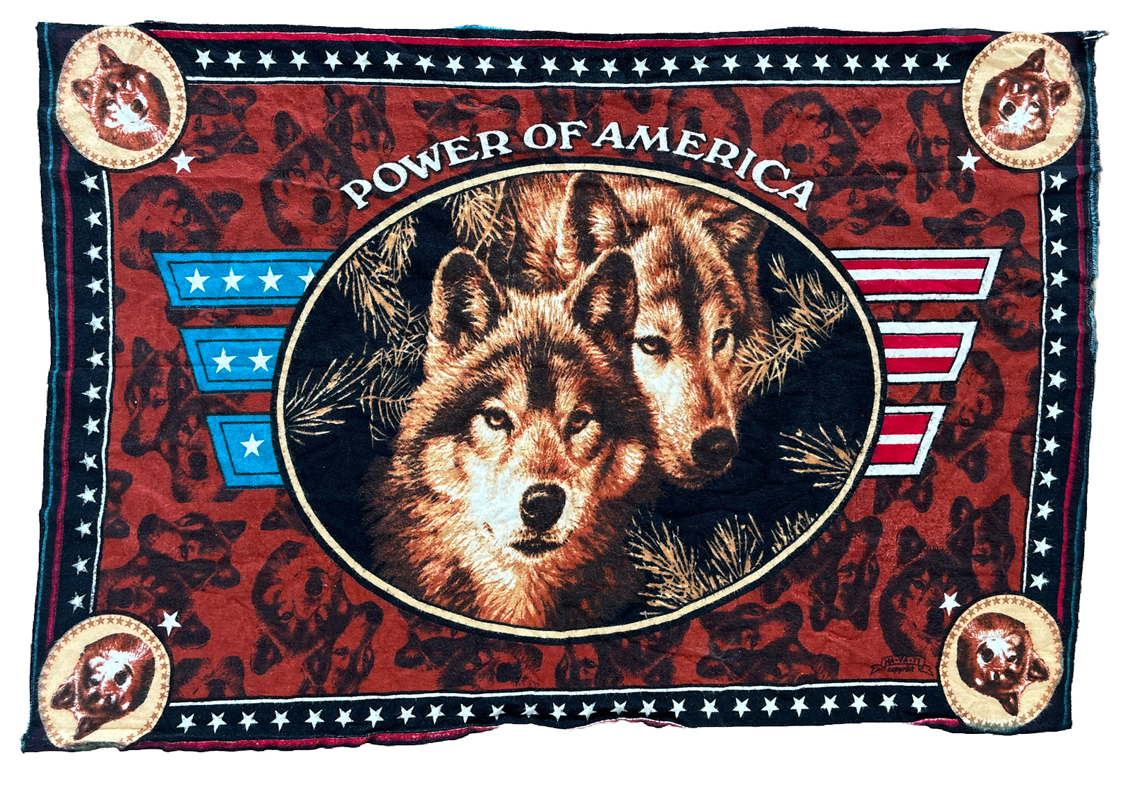 Vintage Ha-Va-Ti Power Of America Wolf Cotton Tapestry Wall Hanging 48” X 33”