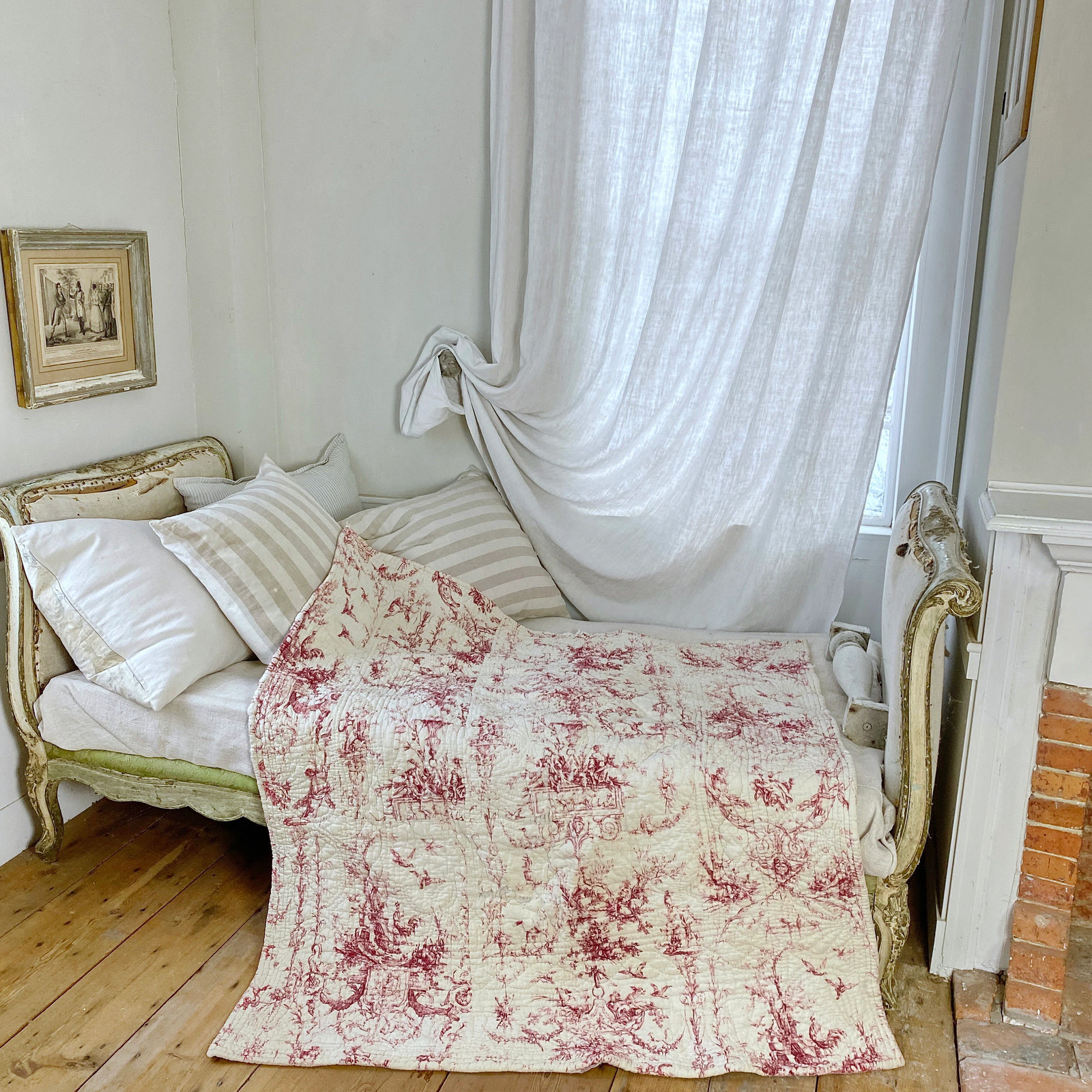 54×61 Toile de Jouy small quilt Provencal boutis 1870 hand quilted French count