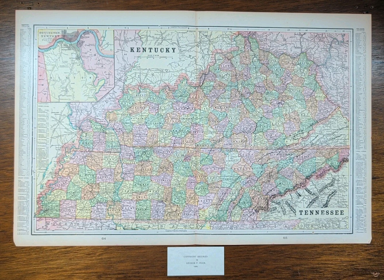 Vintage 1900 KENTUCKY TENNESSEE Map 22″x14″ Old Antique Original CLARKSVILLE TN