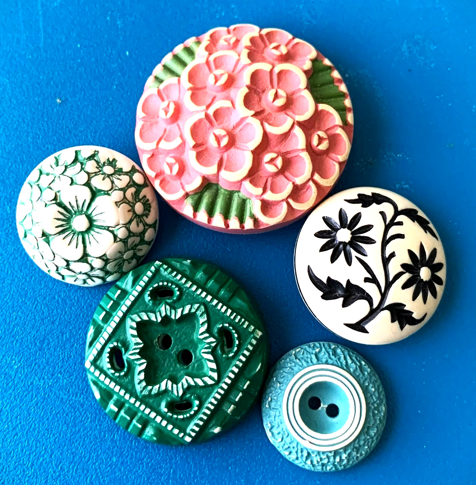 Vintage Buffed Celluloid Buttons – Pierced, Tree of Live, Floral