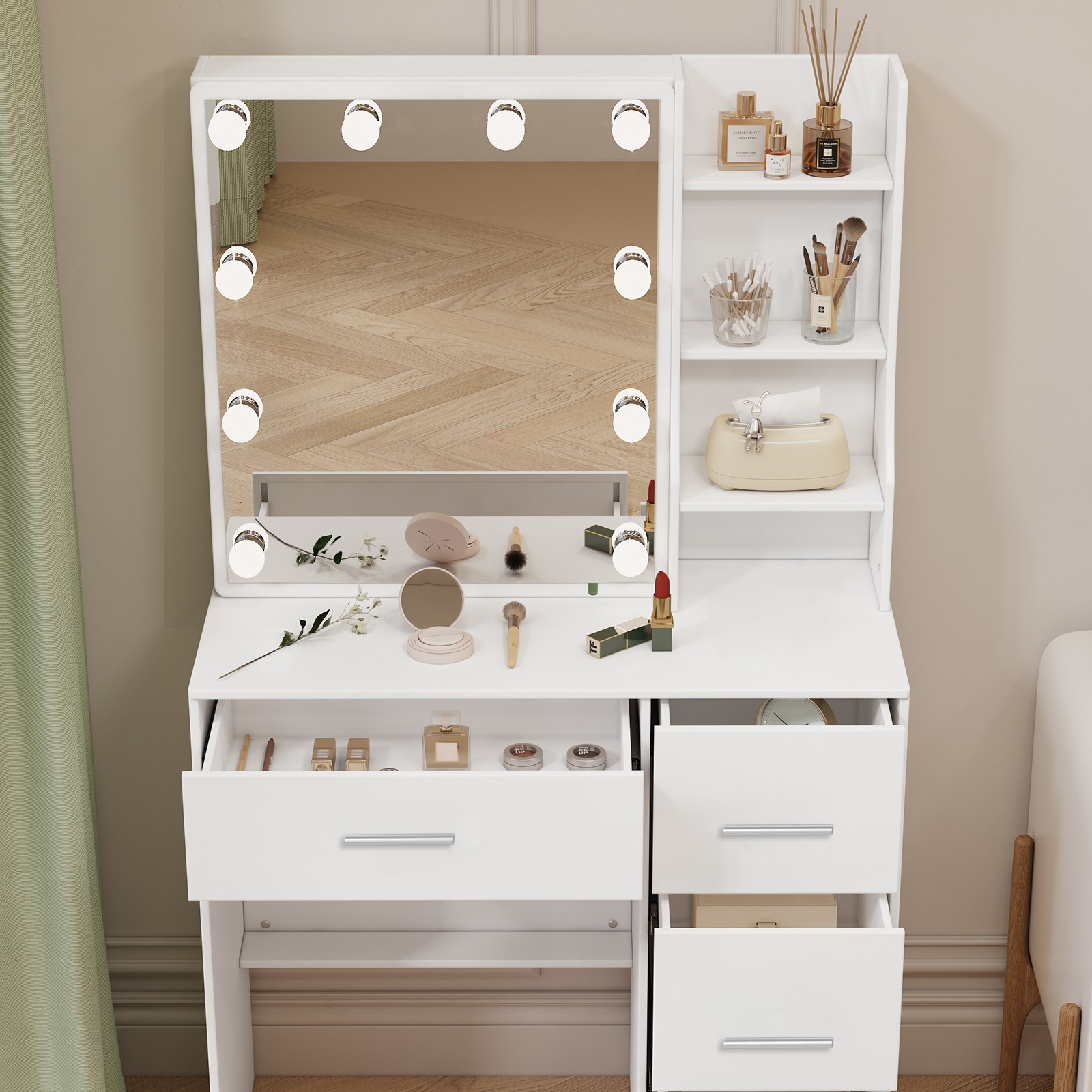 4 Drawers Contemporary Dressing Table Makeup Vanity Desk LED Lights Mirror