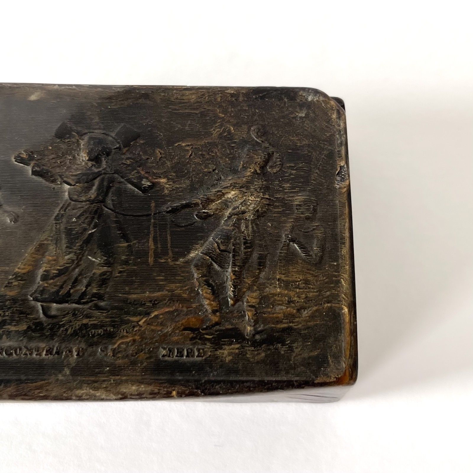 19th Century Carved Horn Snuff Box Religious Scene Jesus Meets His Mother