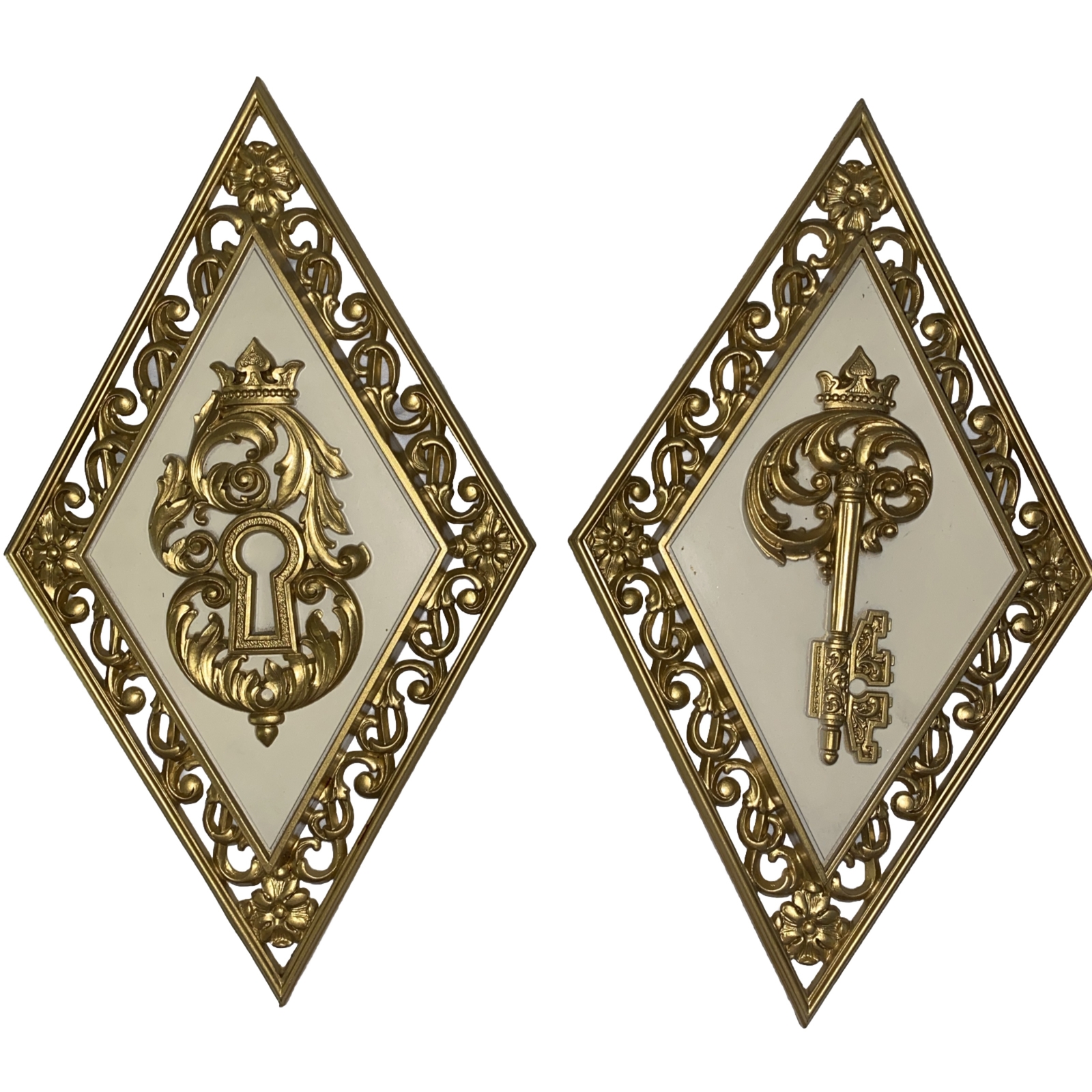 Key Lock Art Vintage Syroco gold floral flower diamond shape wall Plaques MCM!