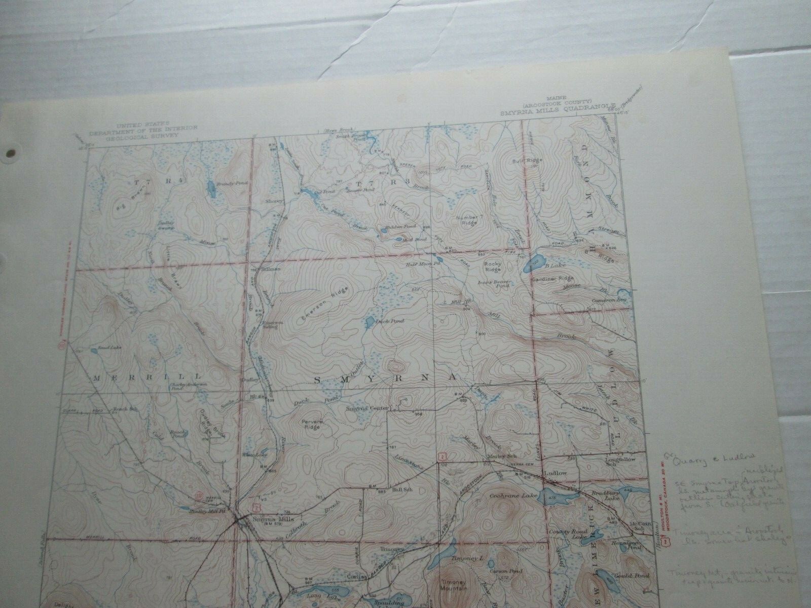 (1) MAINE ORIGIN TOPOGRAPHICAL MAP, “SMYRNA MILLS”, GEOLGICAL SURVEY 1937/1947