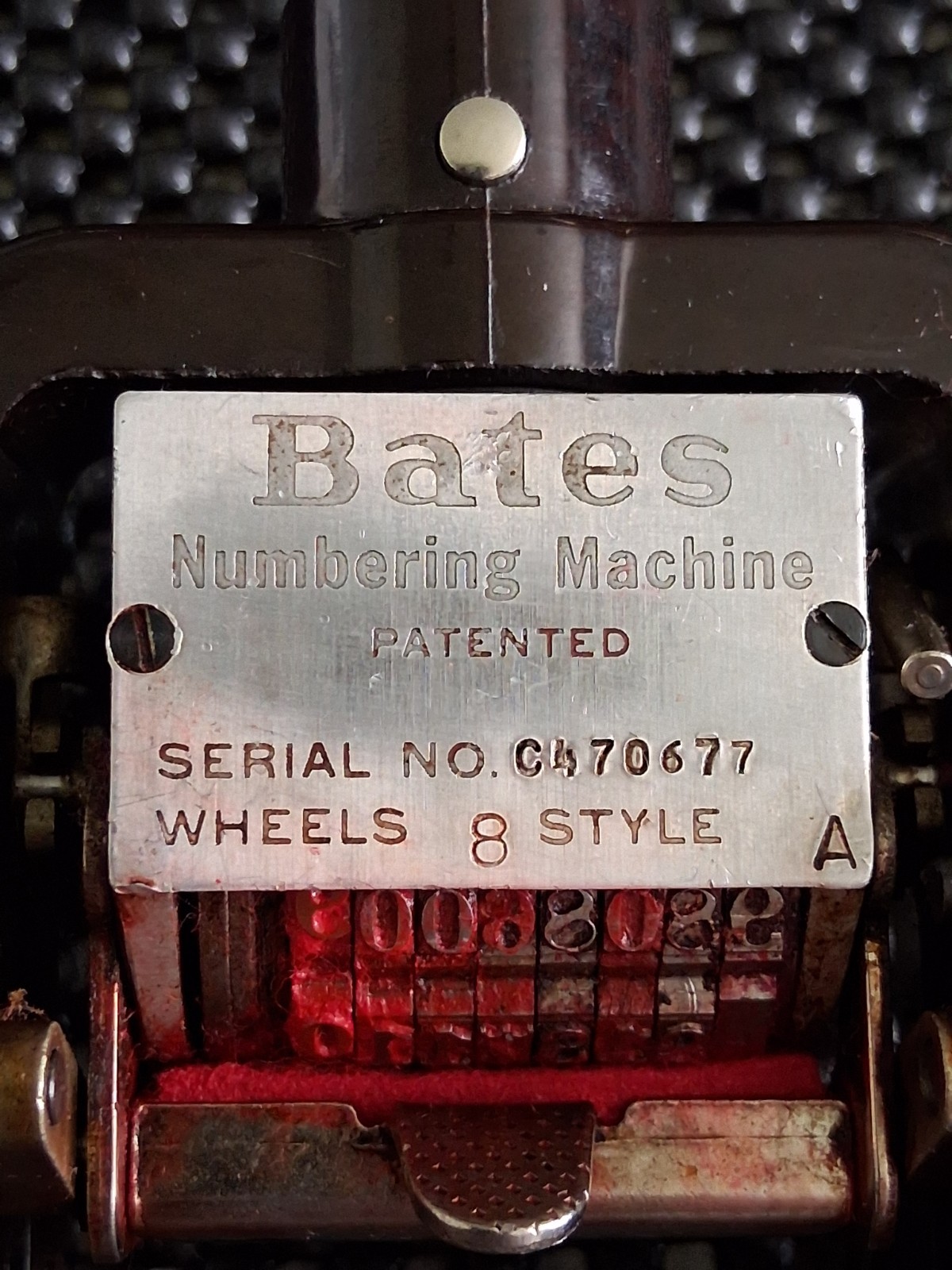 Vintage Antique Bates Automatic Numbering Machine 8 Wheels Style A Used RED INK