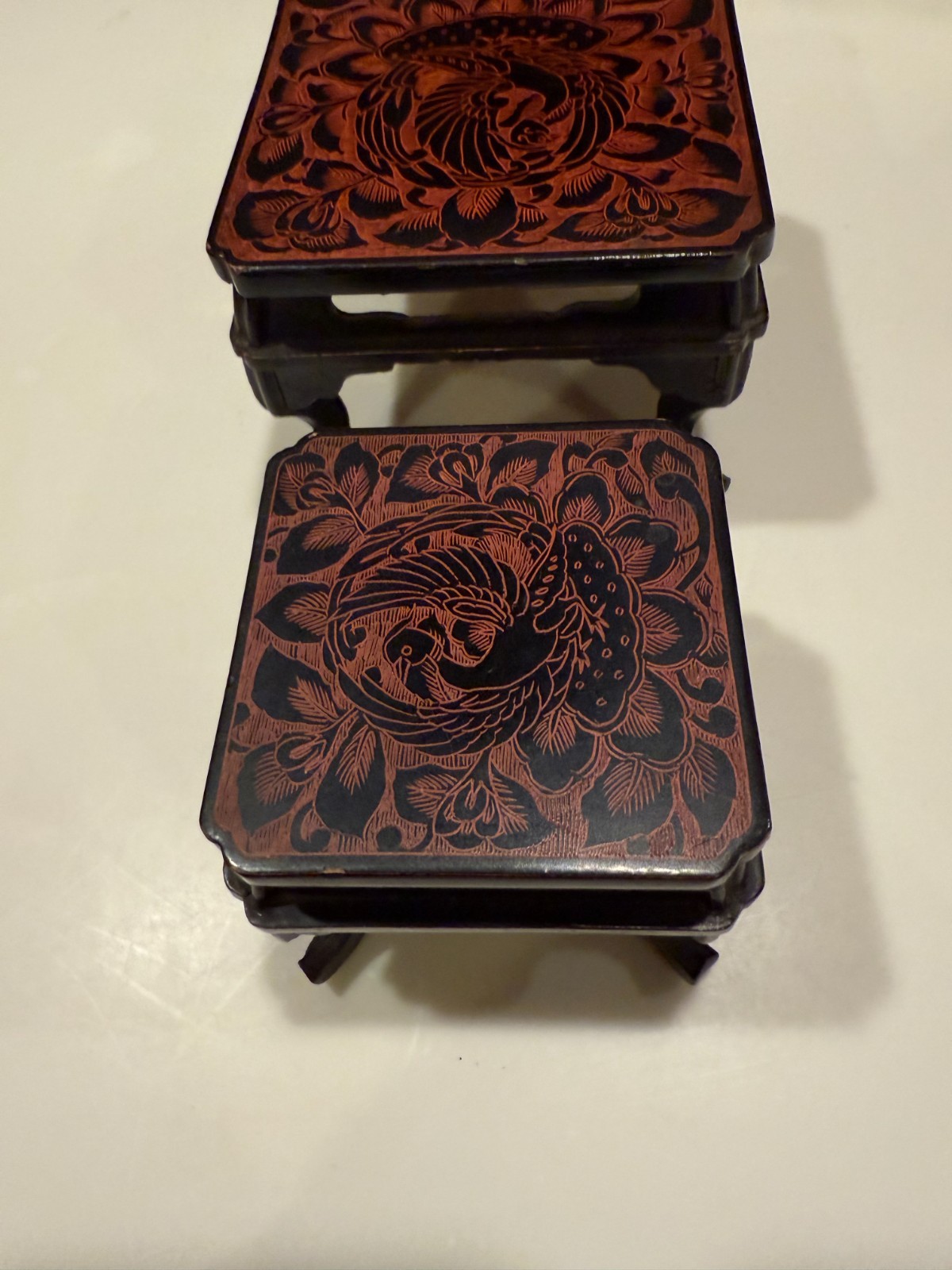 Vintage MINIATURE Asian Carved Nesting Tables Side Coffee Decor Table Set of 2