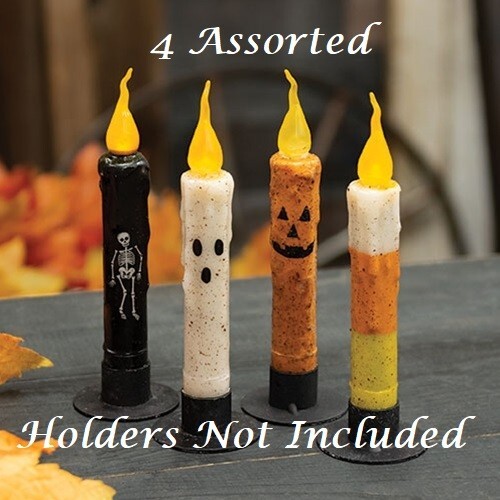 NEW PRIMITIVE HALLOWEEN TIMER Taper Candles 4pc 6 3/4″ Ghost Jack Candy Corn Ske