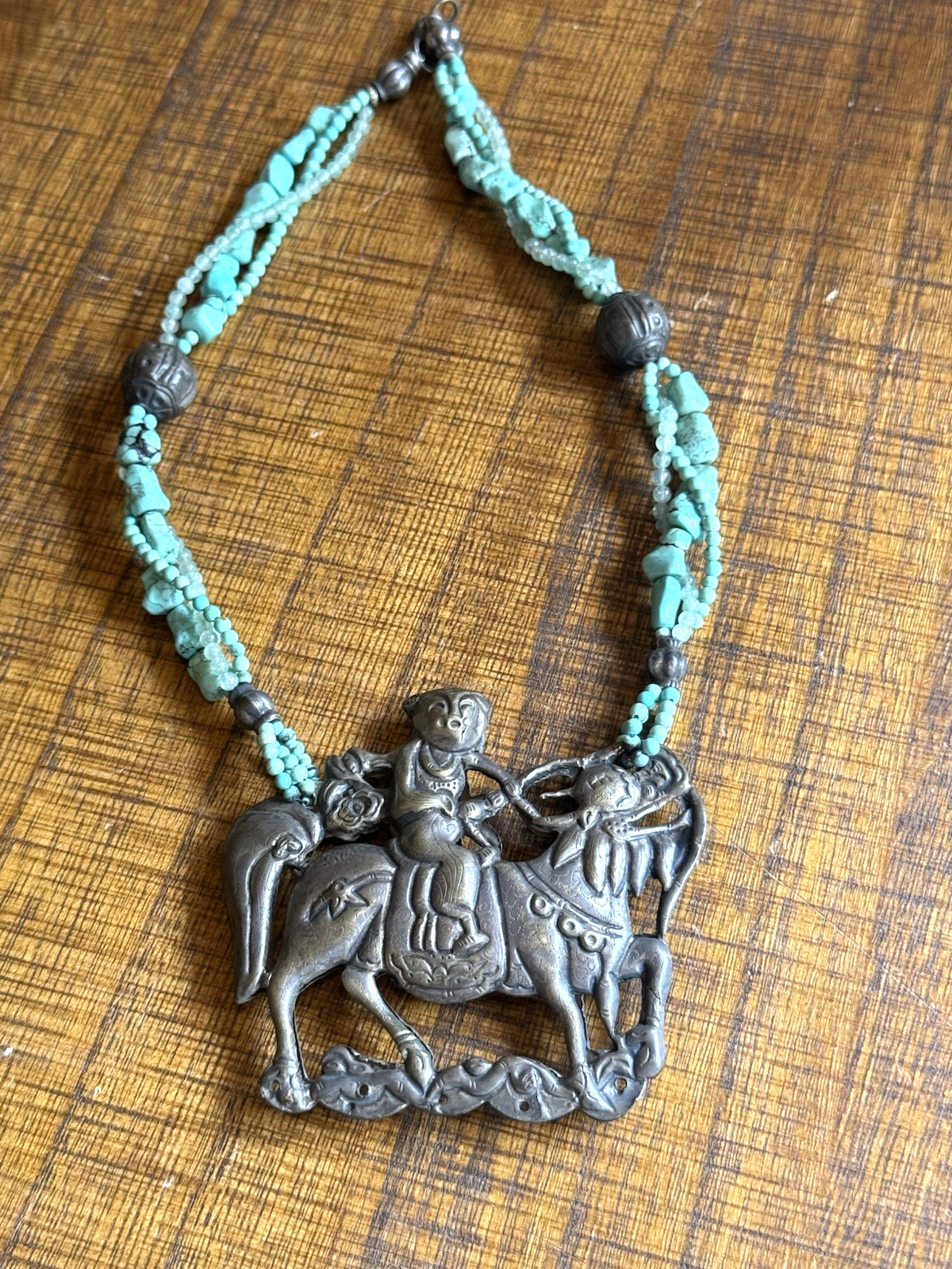 Vintage Chinese Boy on Kylin Mythical Beast Pendant Necklace Silver Tone Asian