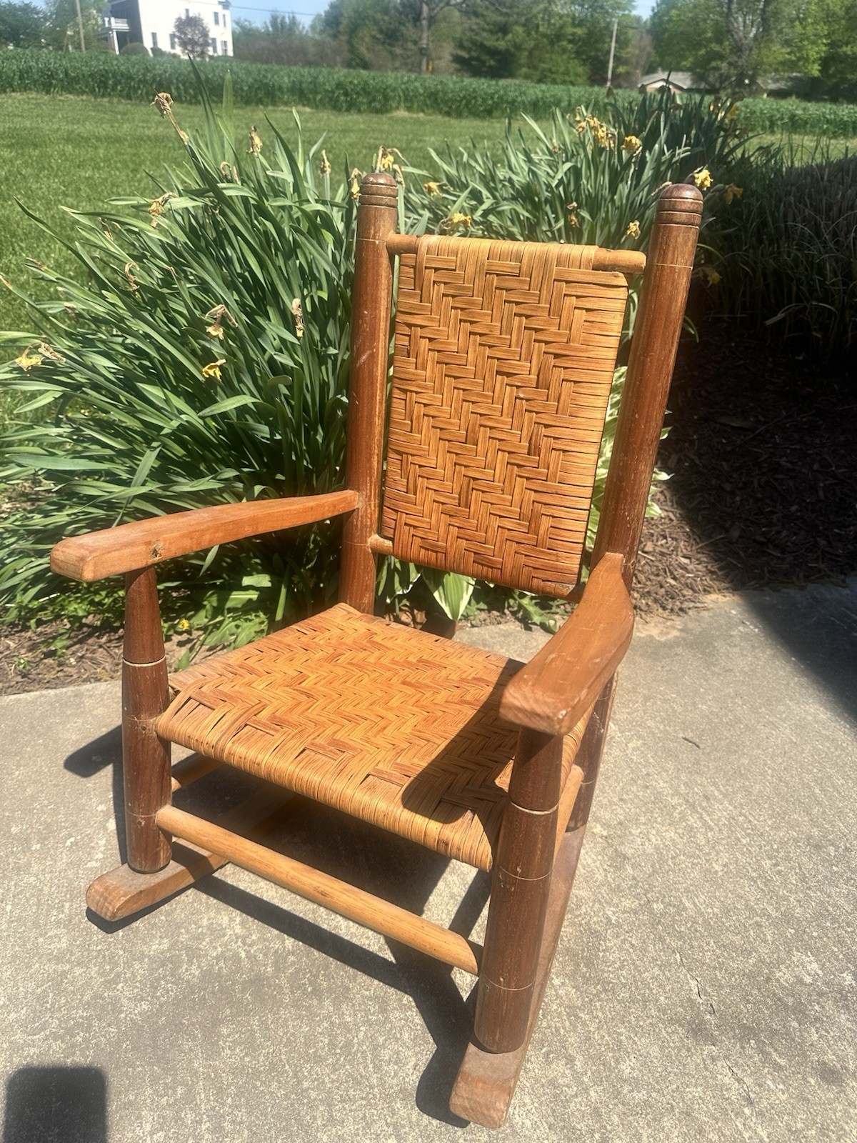 Antique Primitive Child Size Wood Ladder Back Rocking Chair w/Cane Woven Seat
