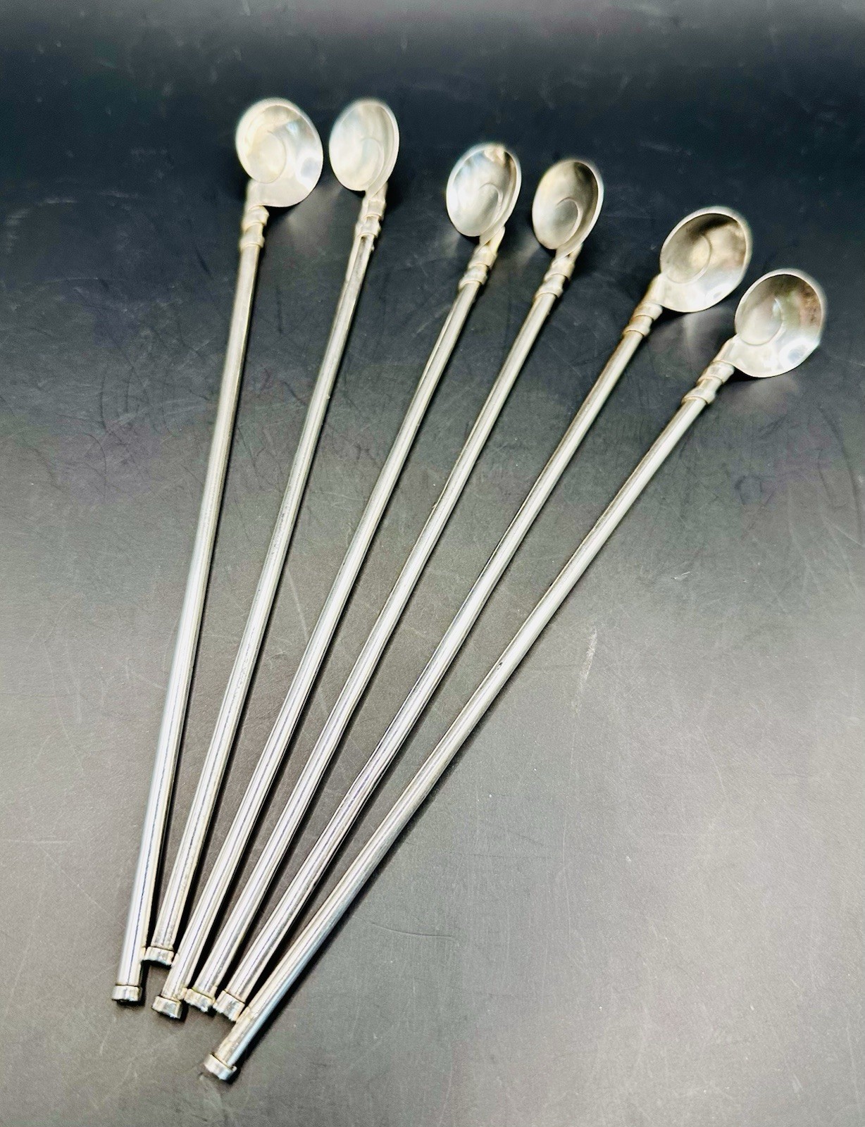 6 Vintage Taxco Mexico Sterling Silver 925 Bamboo Sipper Straw Spoons Signed J.L