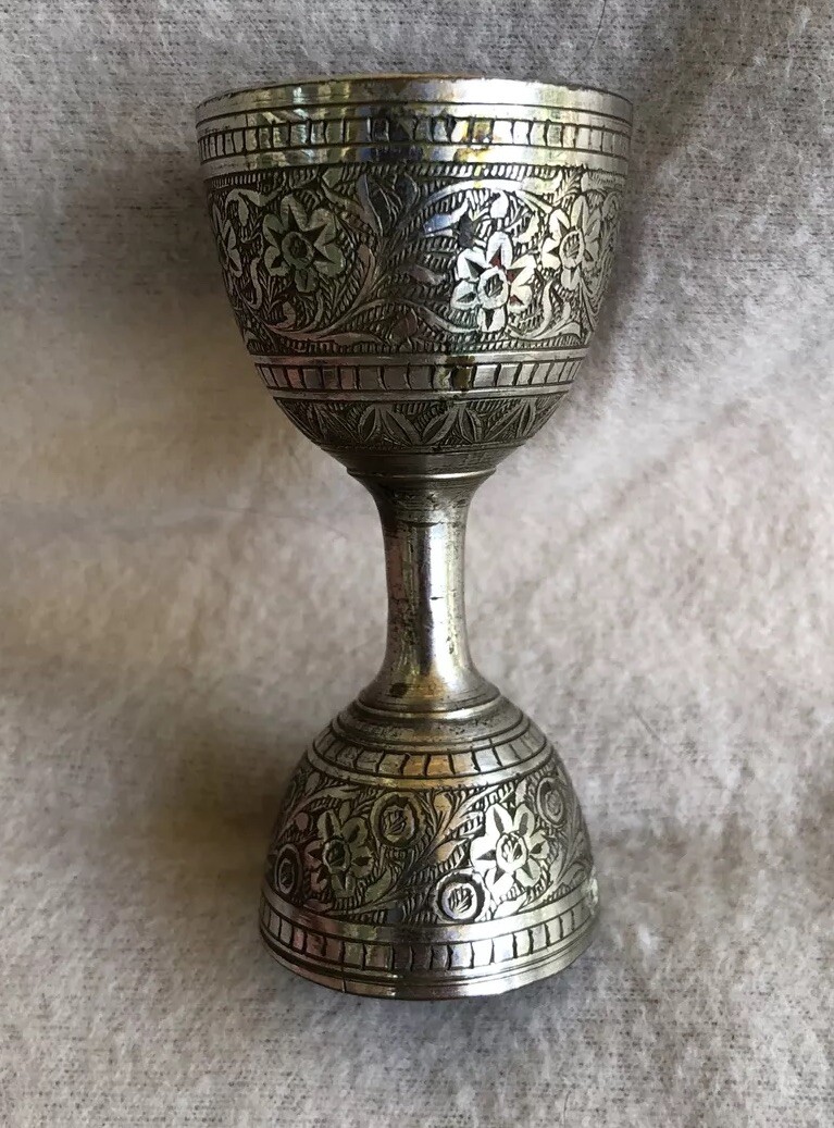 Antique Indian Early 19th Century Brass Minakari Work Double Ended Measuring Cup