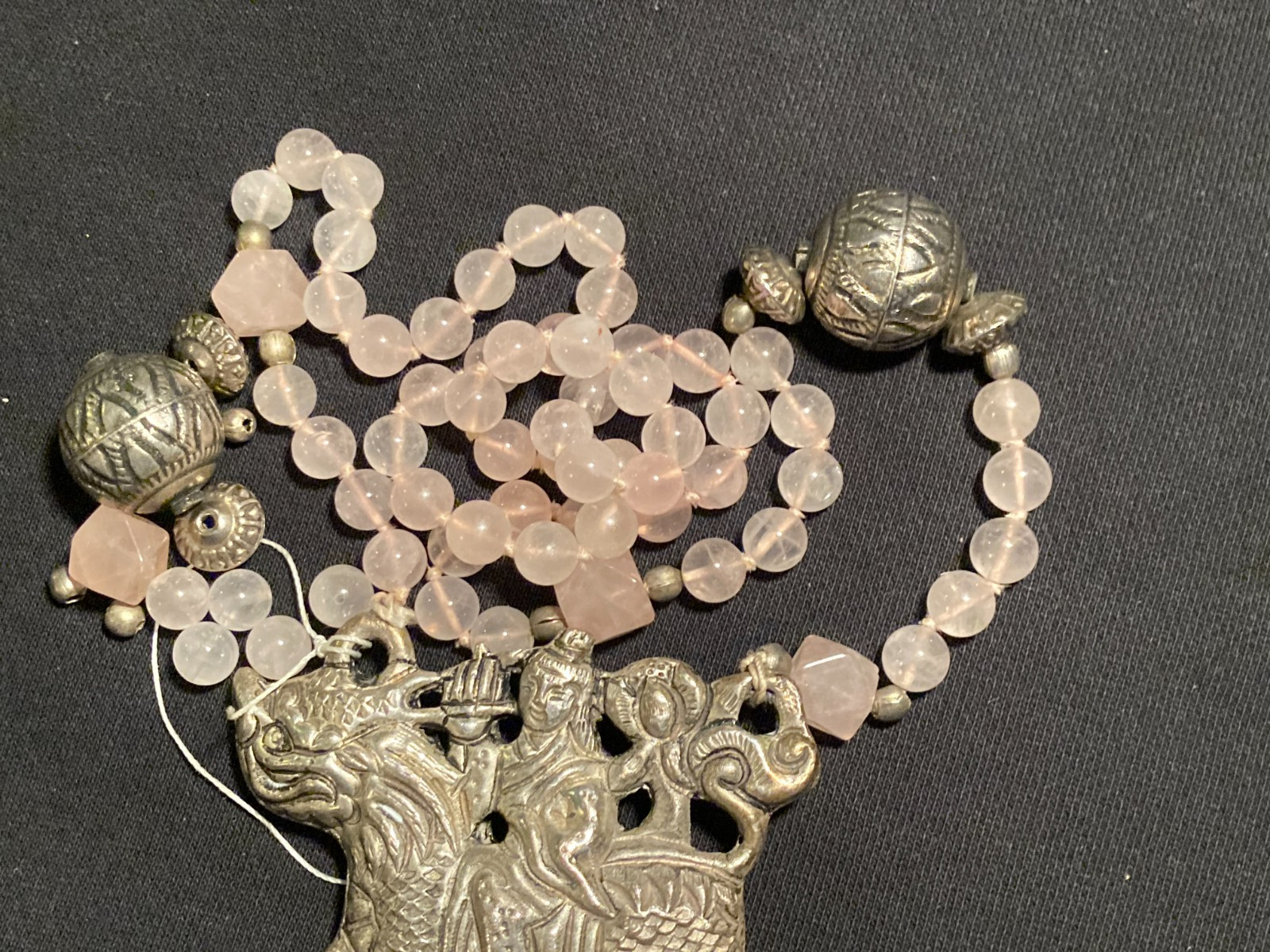 Vintage Foo Dog Chinese Silver Pendant Necklace with Pink stone or glass beads