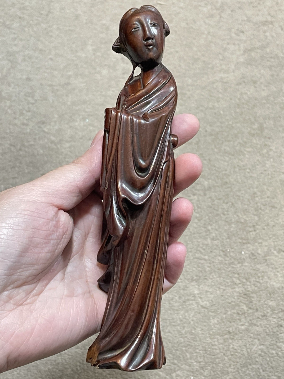 Antique Chinese Carved Hardwood Lady Figurine Qing Dynasty Republic Period