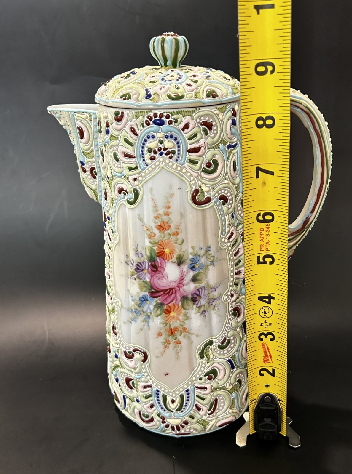 RARE Antique Nippon Jeweled Moriage Chocolate Pot FLUTED RIBBED Hand Painted 10″