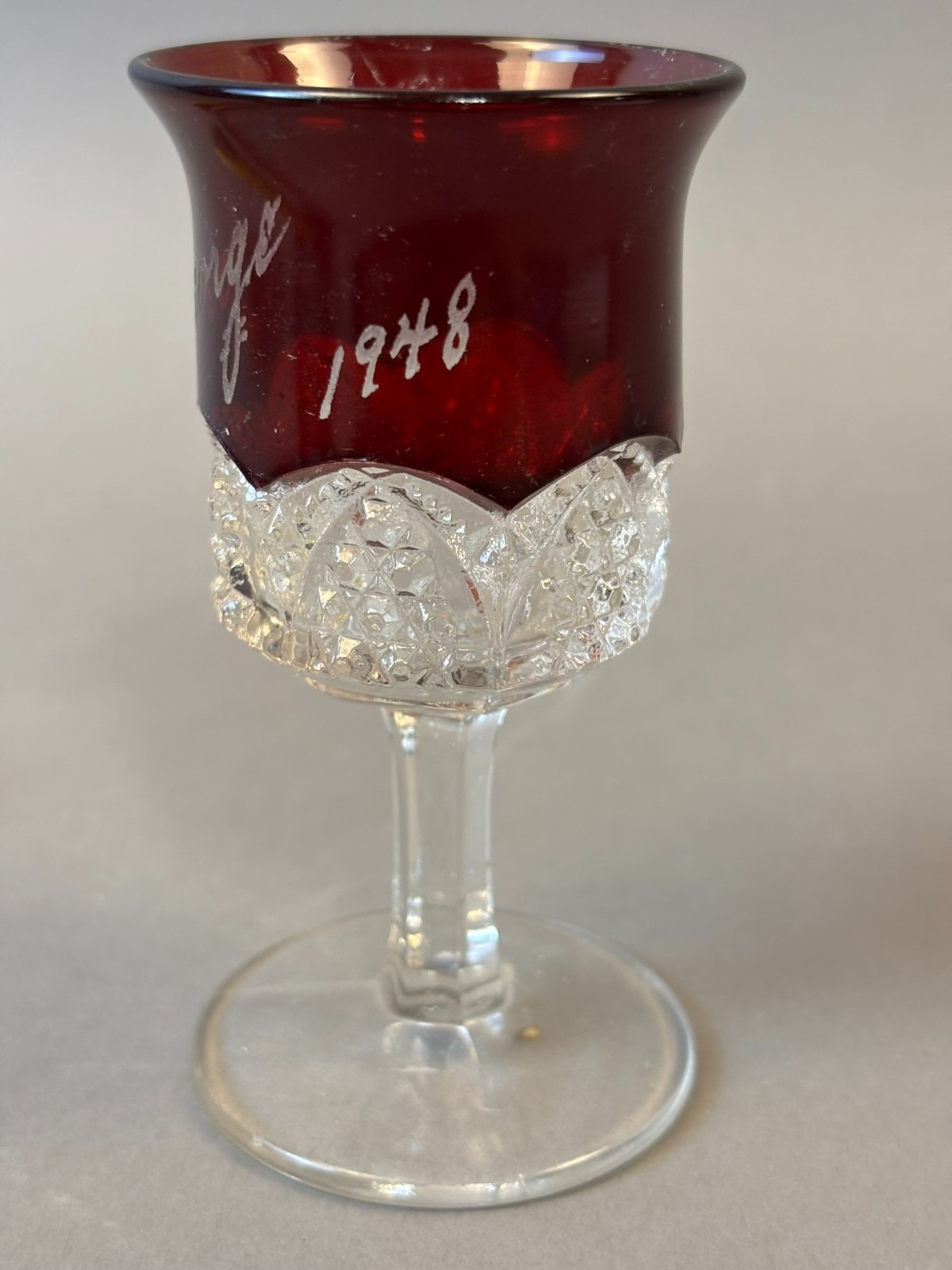 #1267 Antique GEORGE 1948 Ruby Red Flash Souvenir Glass CUT GLASS GOBLET