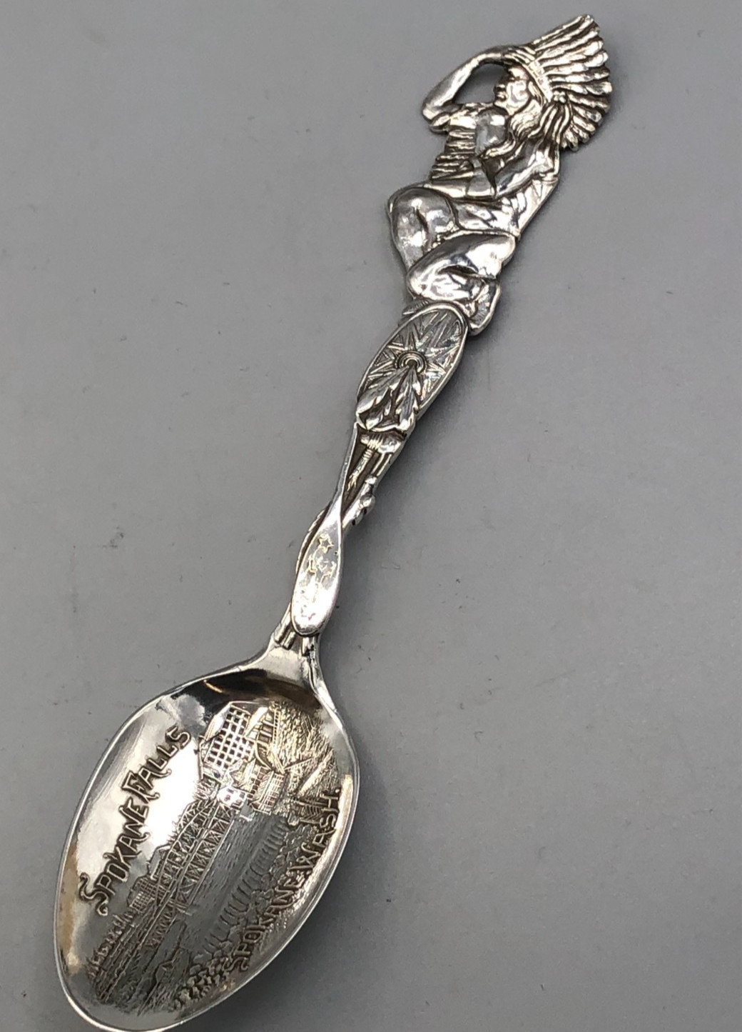 Spokane, Washington sterling silver souvenir spoon, 5 3/8″, American Indian