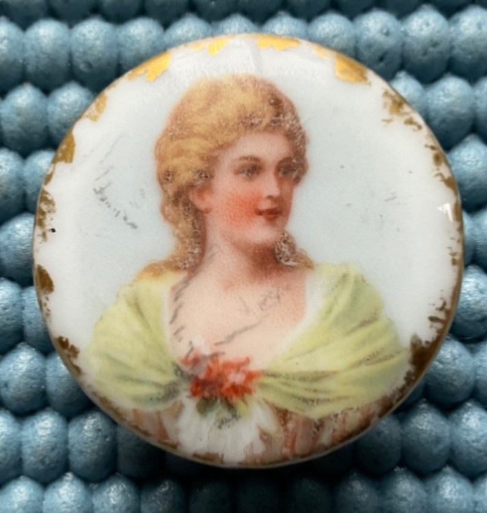 Antique Vtg Victorian Porcelain Stud Button – Women’s Face Green Shawl – 1 1/8”