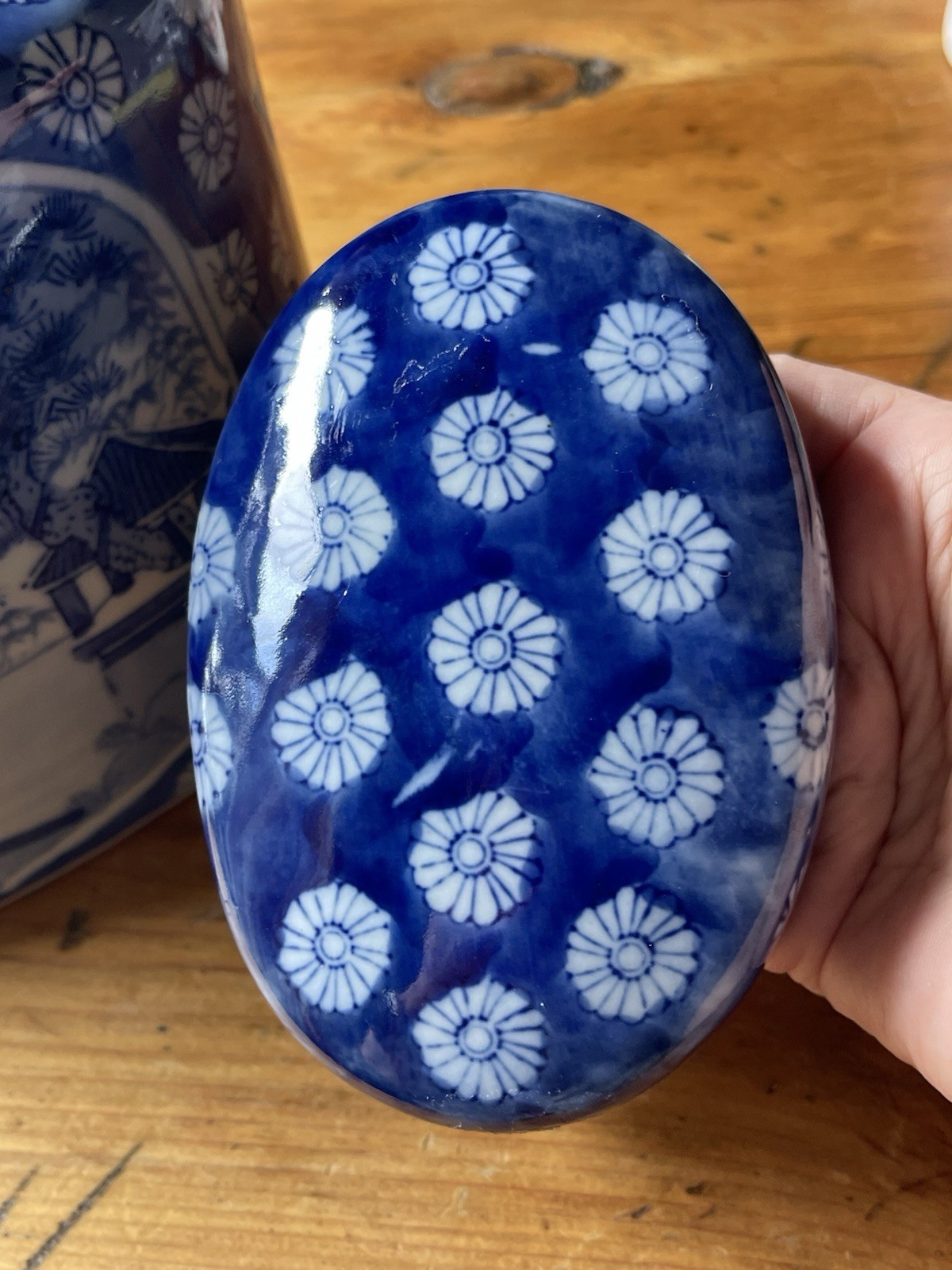 VintageChinese Tea Caddy Pagota Plum Flower Blue and White Figural and Landscape
