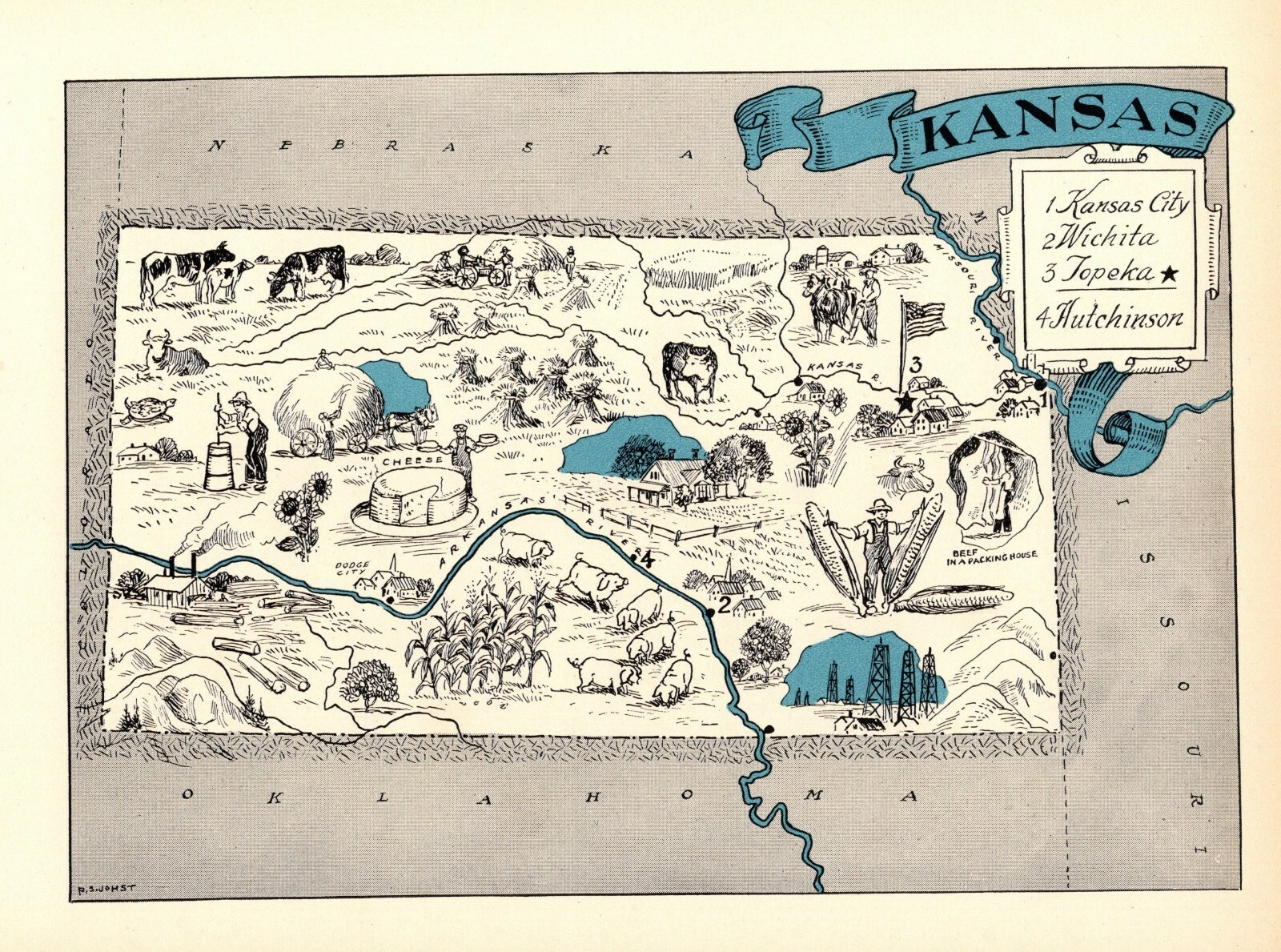 1930s Antique Animated KANSAS State Map RARE Picture Map of Kansas BLU 7705