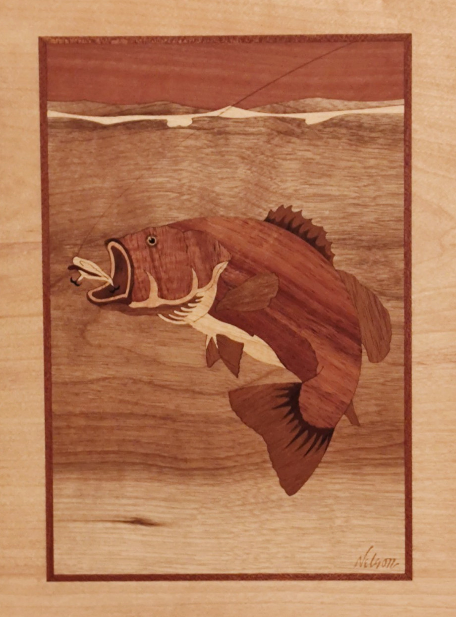 HUDSON RIVER INLAY PICTURE – BASS – FISHING – WOOD MARQUETRY by NELSON 10X13