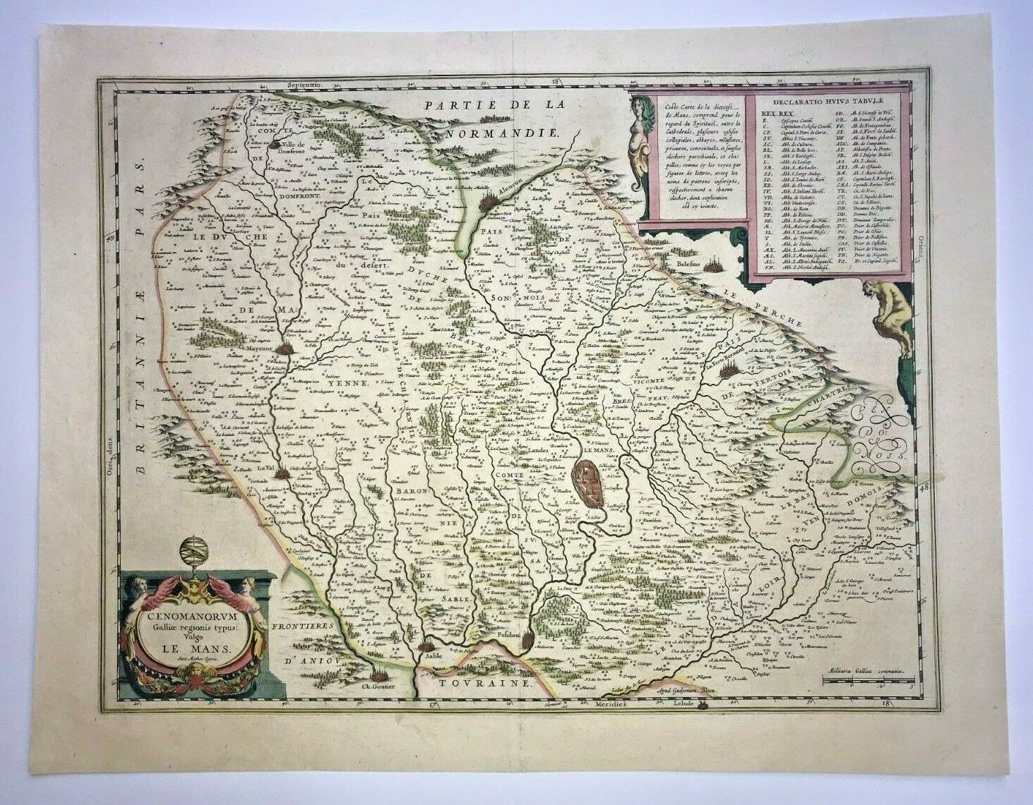 FRANCE LE MANS ALENCON 1644 WILLEM BLAEU LARGE ANTIQUE MAP 17TH CENTURY