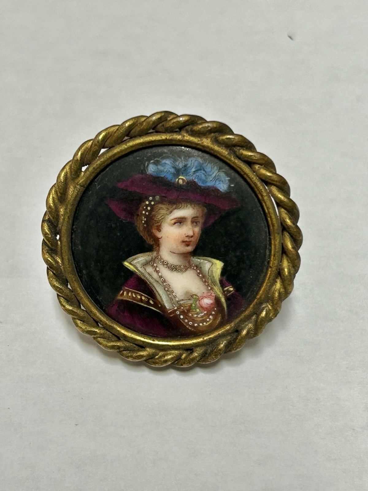 Victorian Hand Painted Porcelain Miniature Portrait 24k Gold Plated Frame