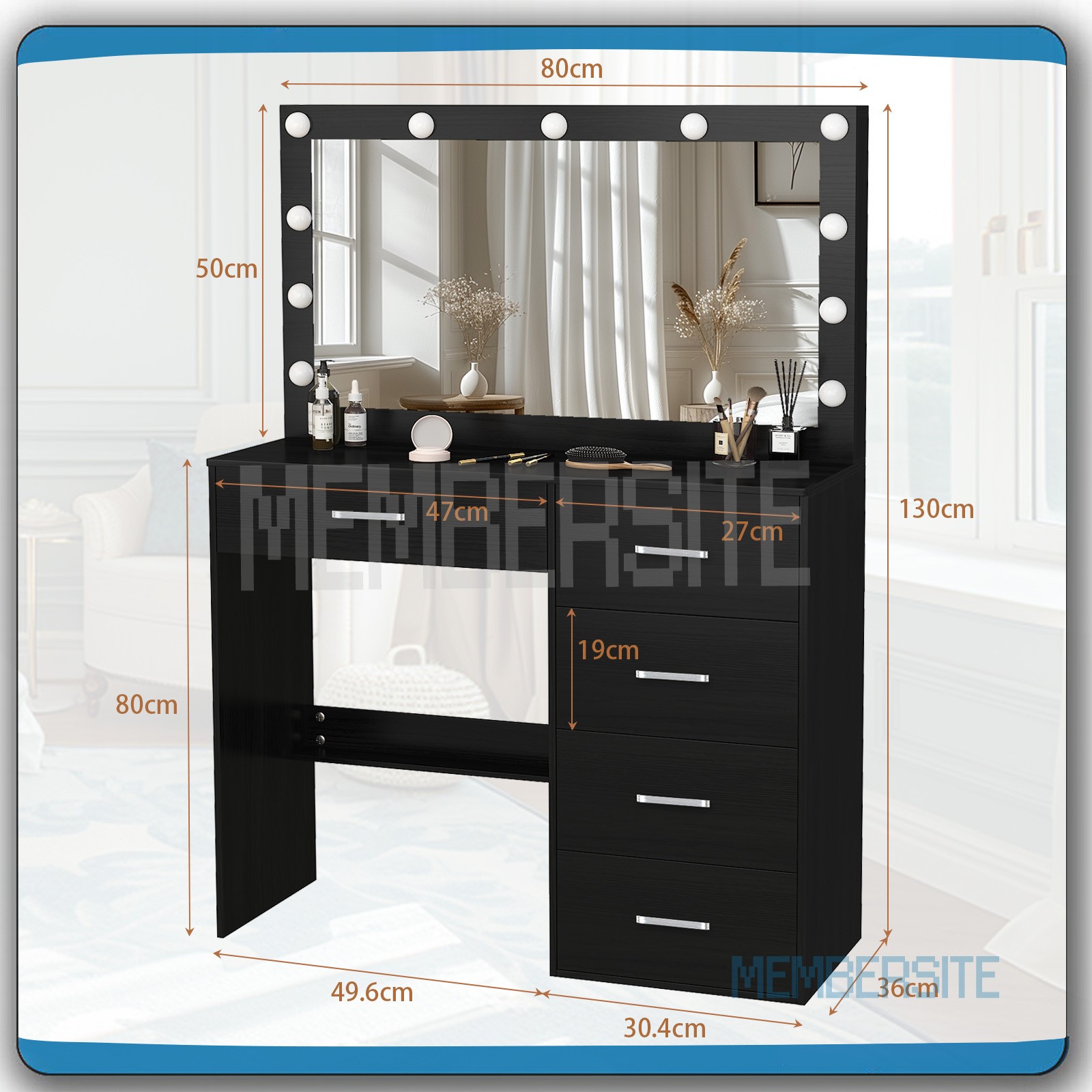 Makeup Vanity Table with Large Lighted Mirror & 11 LED Bulbs Black Dressing Desk