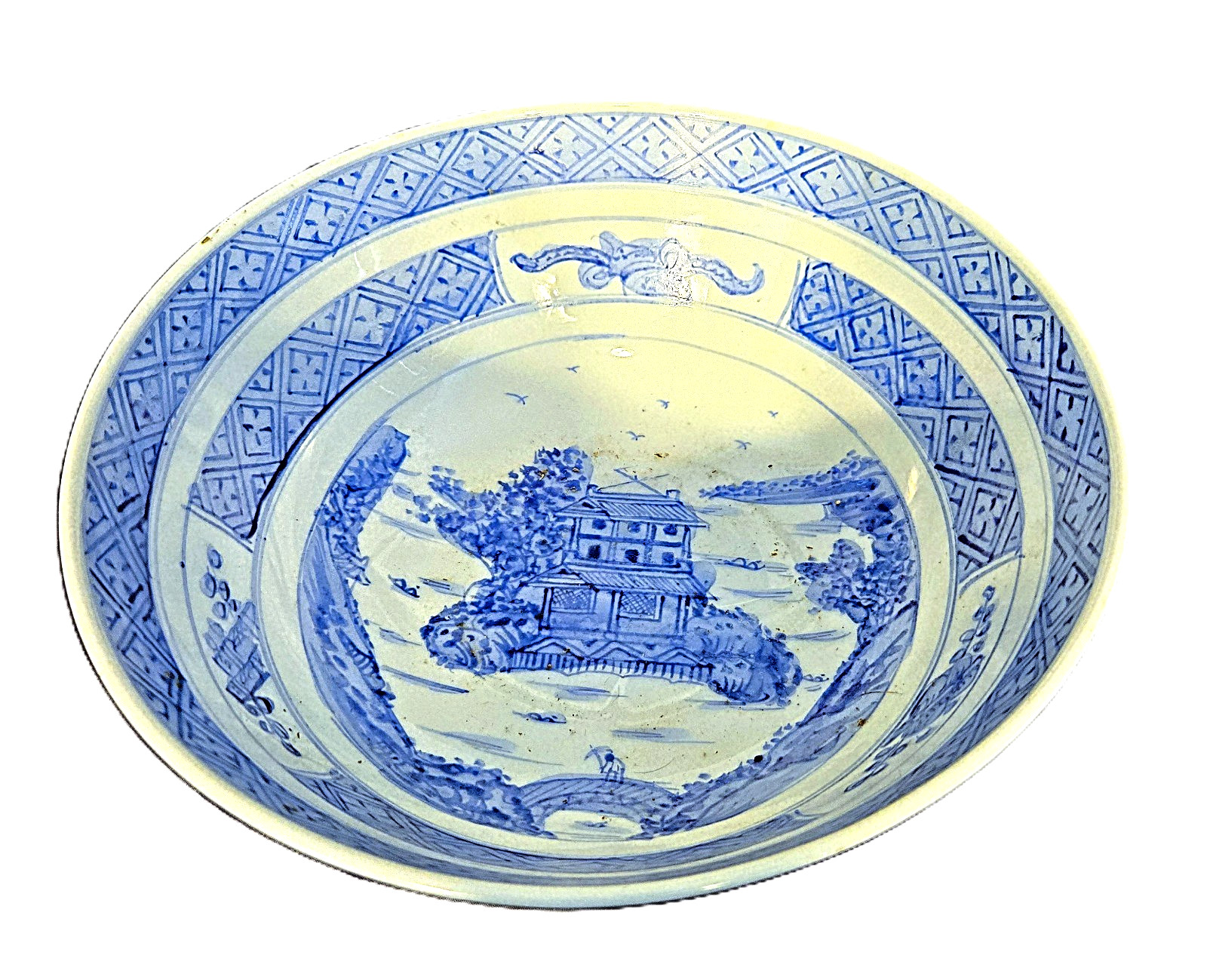Antique 1912–1949 Chinese Canton Blue White porcelain bowl Pagoda Qianlong mark