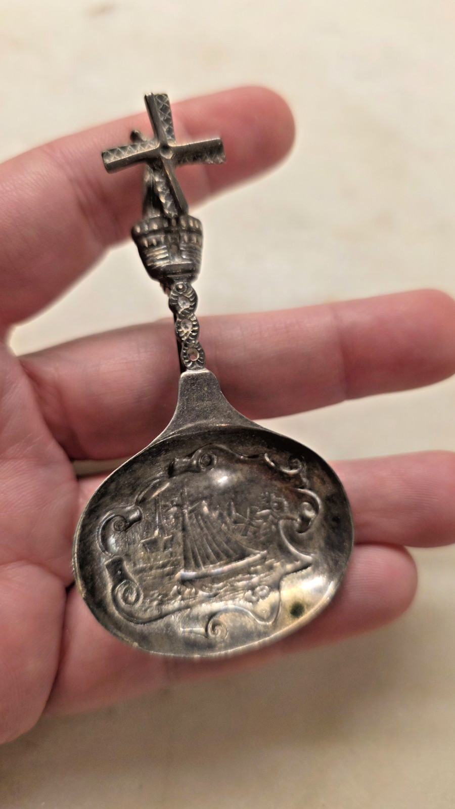 Boaz Moses Landeck Silver Windmill Figural Dutch English Brooch Caddy Spoon