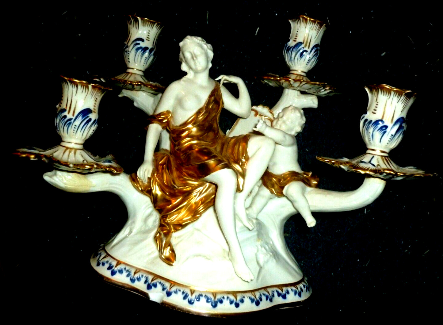 💥ANT. DRESDEN PORCELAIN Carl Thieme -LADY/CHERUB GOLD GILT –CANDLEHOLDER