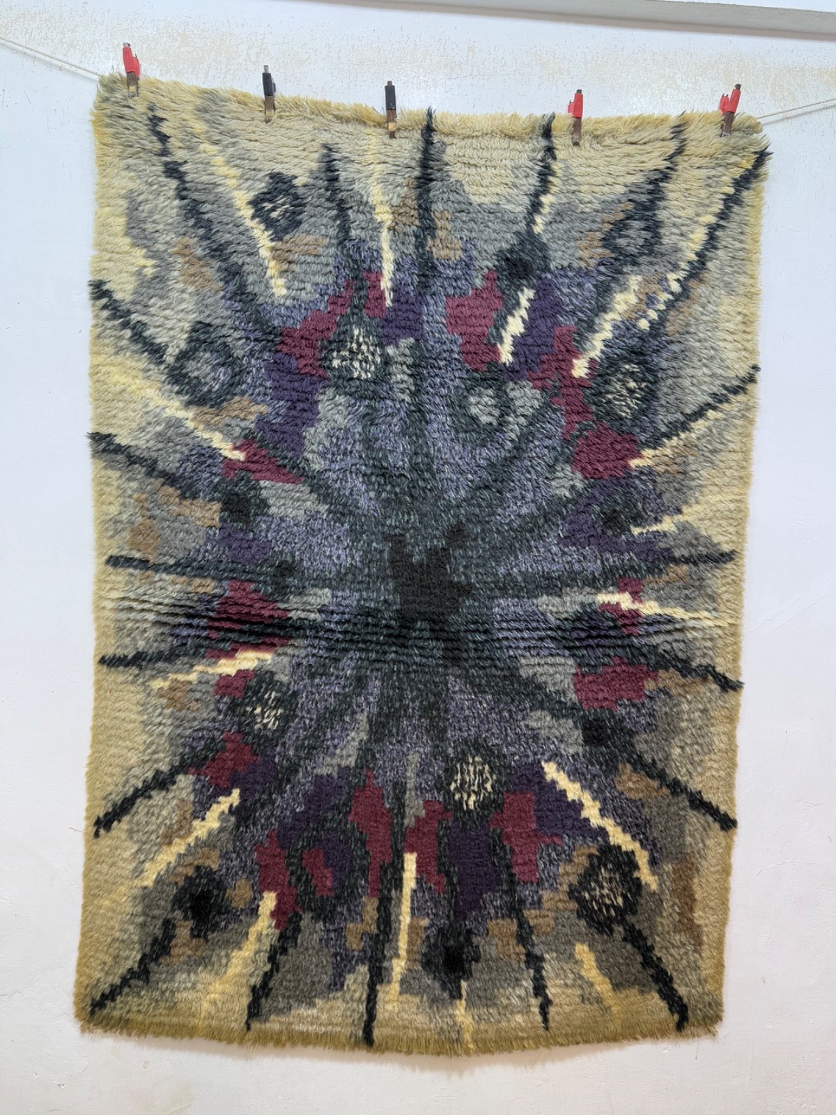 Vintage Beautiful Hand Knotted Swedish Scandinavian Rye Shag Wool Rug Carpet